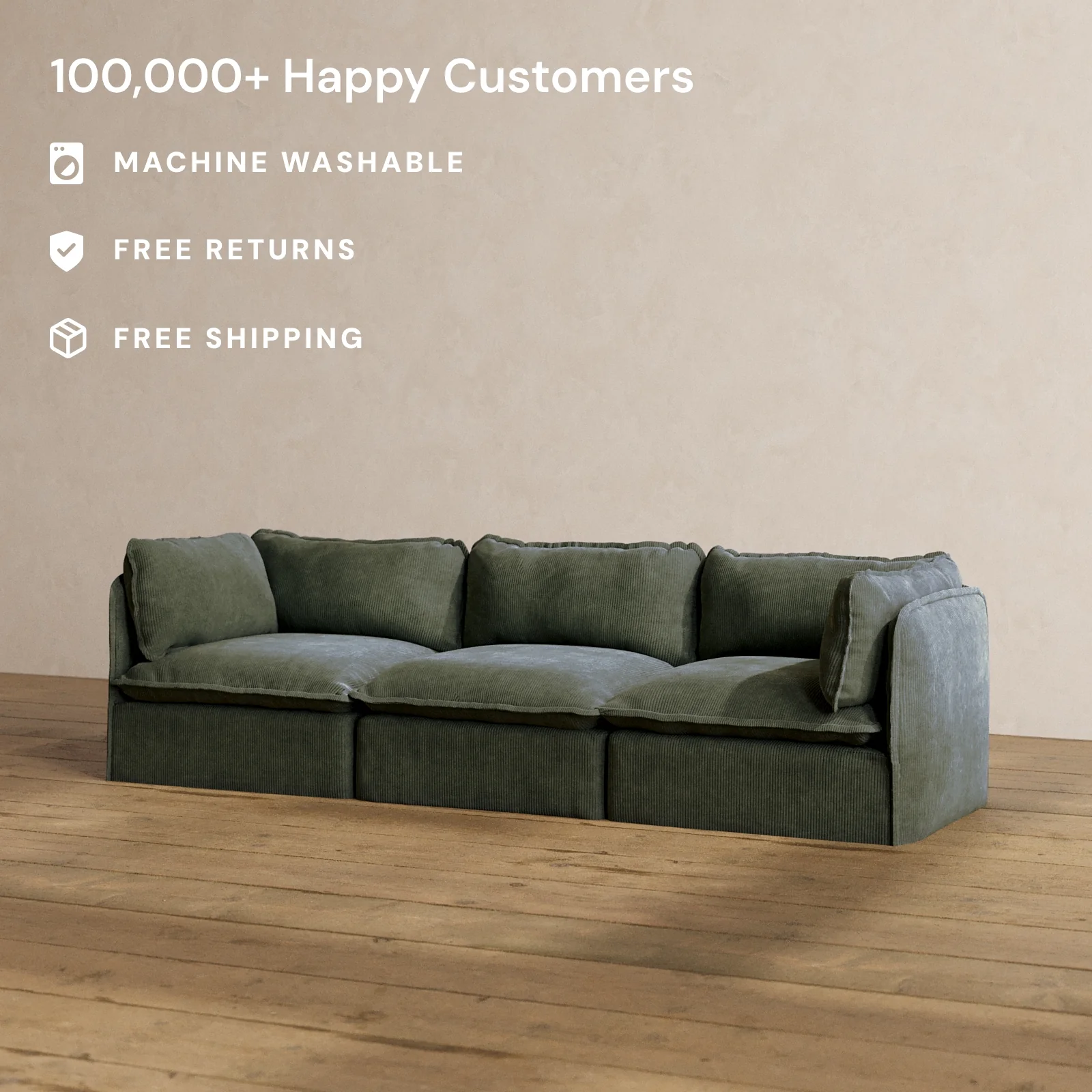 Modular Washable 3-Seater in Olivine | Deluxe+ Seat | Cloud Pillow - Image 2
