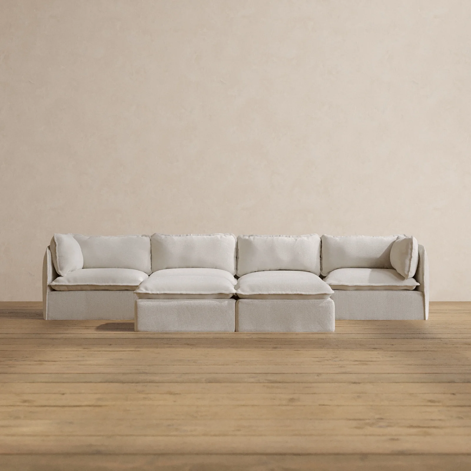 Modular Washable 4-Seater + Bench Ottoman in Powder | Memorix+ Seat | Contour Pillow