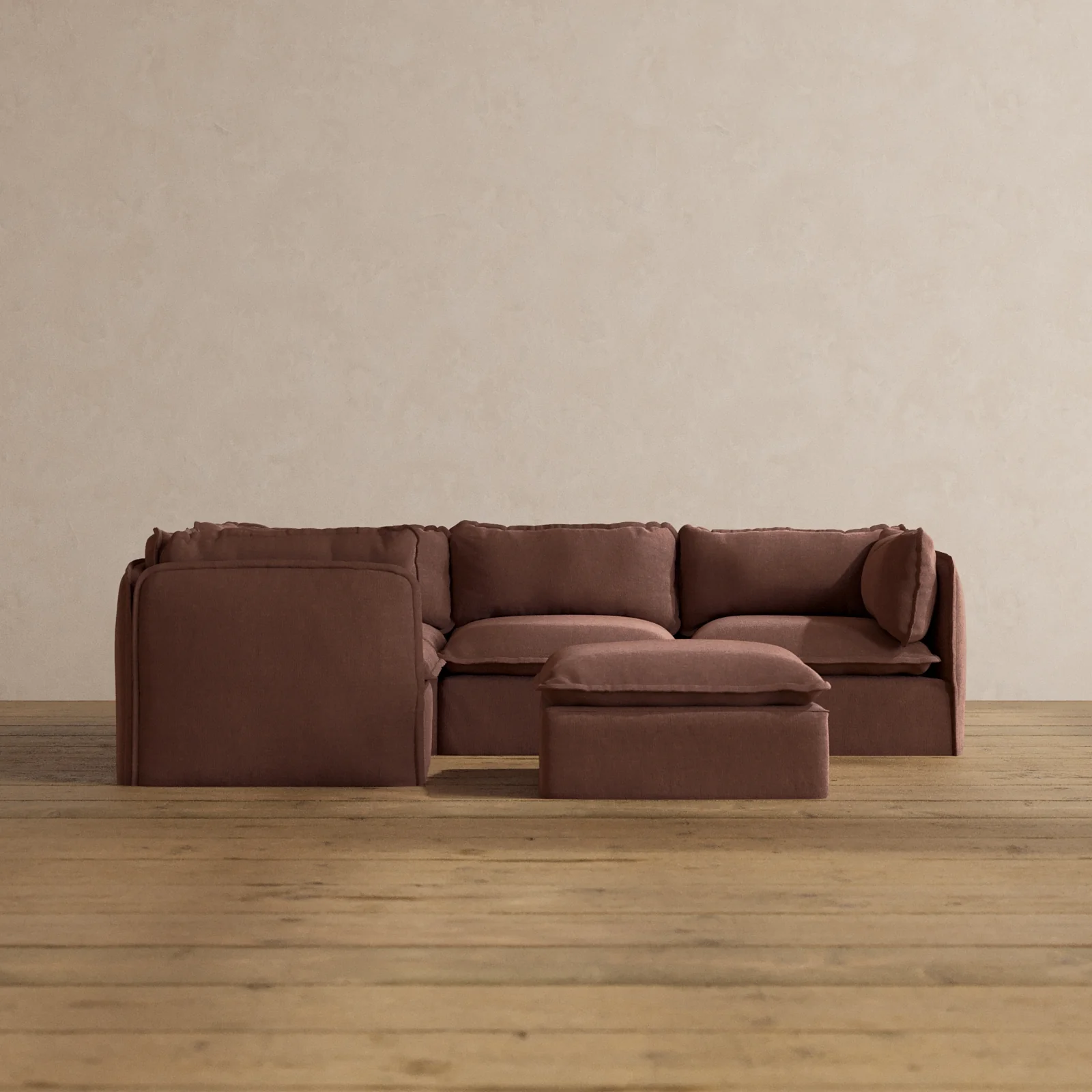 Modular Washable 4-Seater Corner Sectional + Ottoman in Chestnut | Memorix+ Seat | Contour Pillow