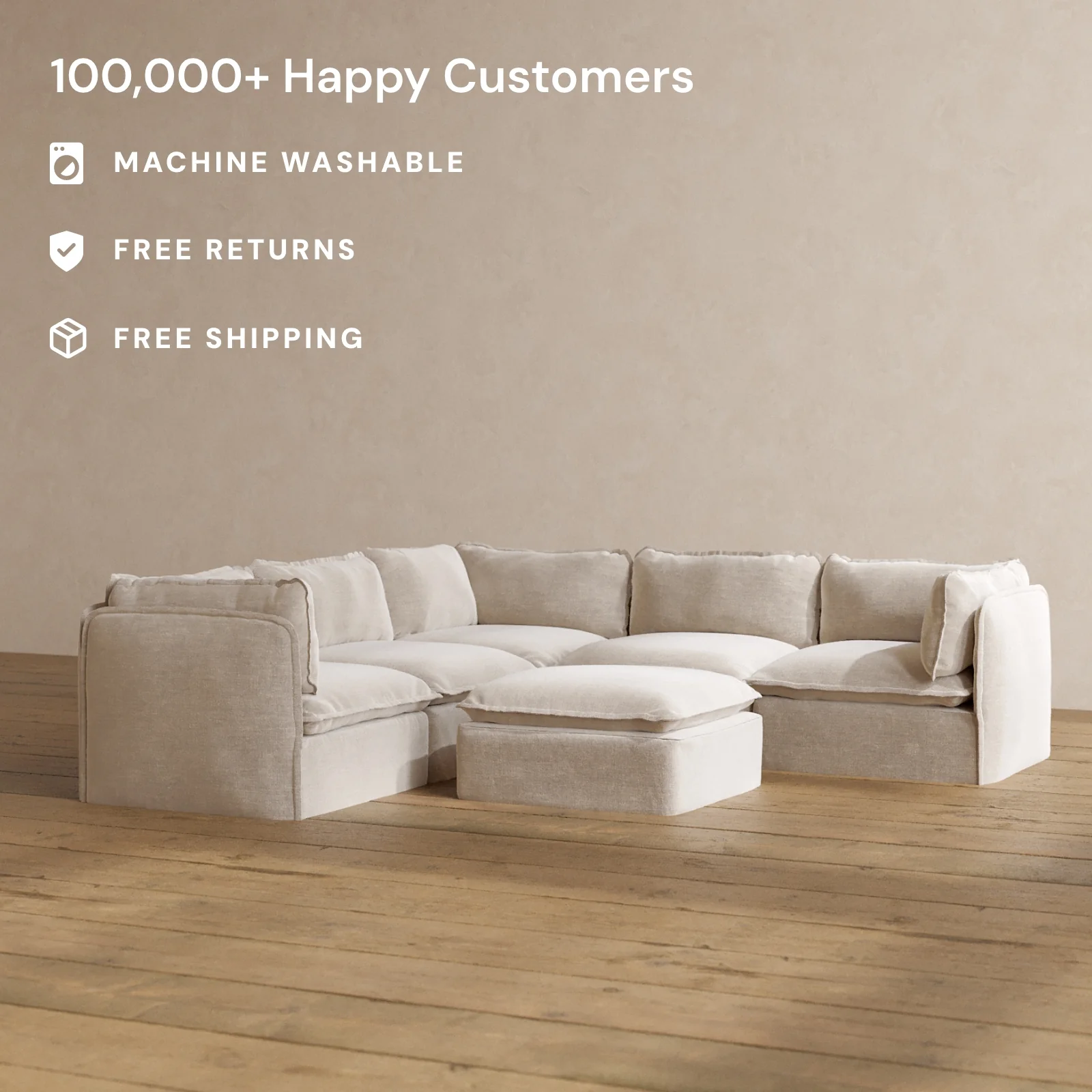 Modular Washable 4-Seater Corner Sectional + Ottoman in Mist | Memorix+ Seat | Contour Pillow - Image 2