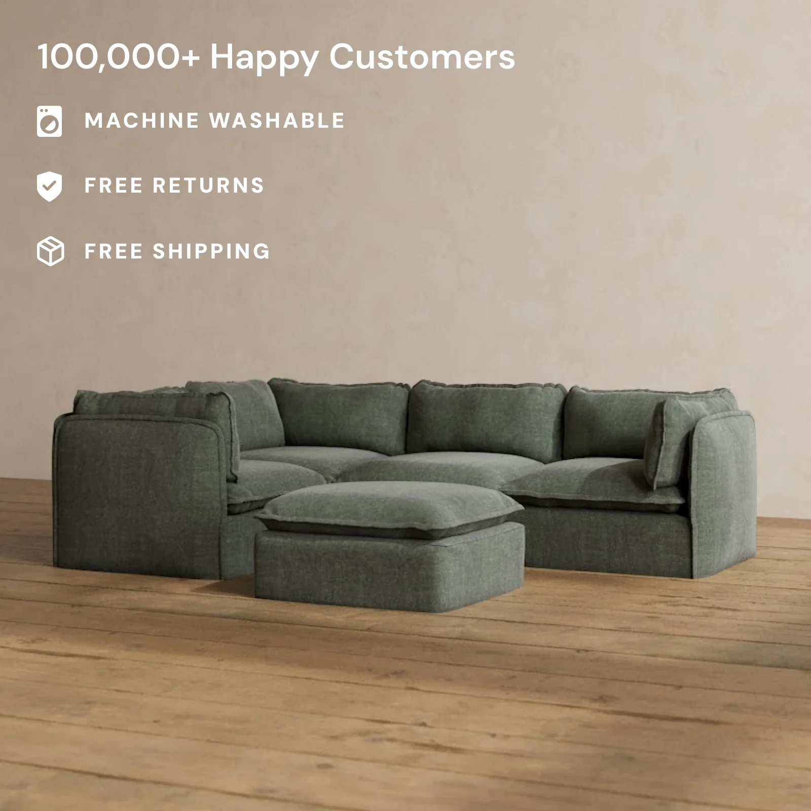 Modular Washable 4-Seater Corner Sectional + Ottoman in Willow | Deluxe+ Seat | Cloud Pillow - Image 2