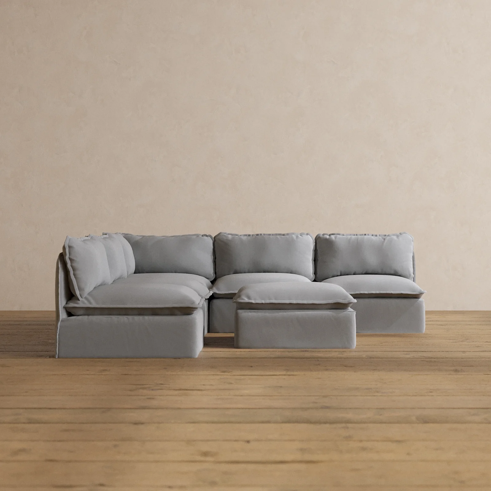Modular Washable 5-Seater Open-Ends Corner Sectional + Ottoman in Pumice | Deluxe+ Seat | Cloud Pillow