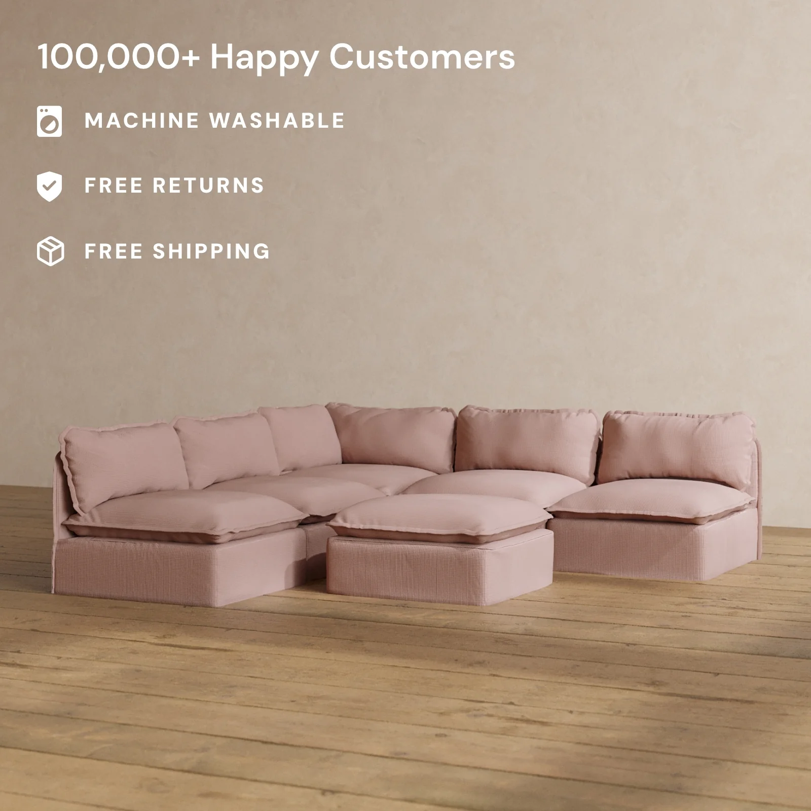 Modular Washable 5-Seater Open-Ends Corner Sectional + Ottoman in Sakura | Deluxe+ Seat | Cloud Pillow - Image 2
