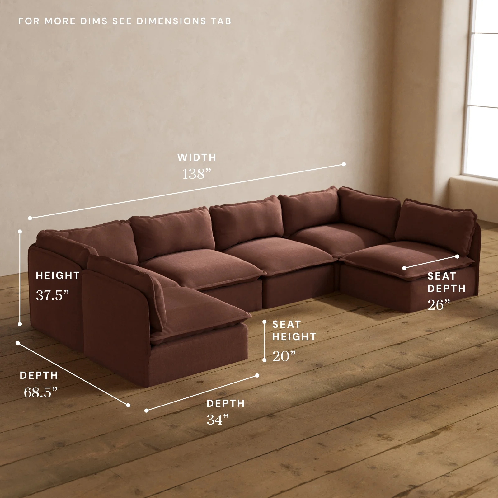 Modular Washable 6-Seater Open-Ends U-Sectional in Chestnut | Memorix+ Seat | Contour Pillow - Image 5