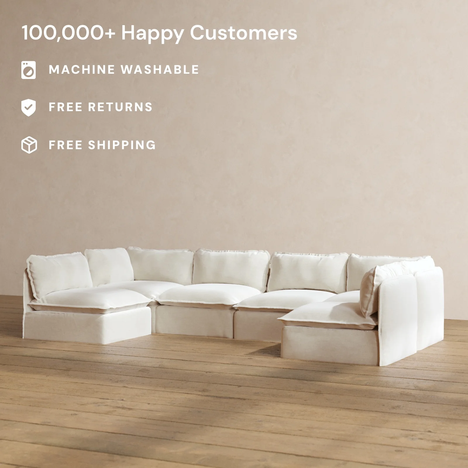 Modular Washable 6-Seater Open-Ends U-Sectional in Coco | Memorix+ Seat | Contour Pillow - Image 2