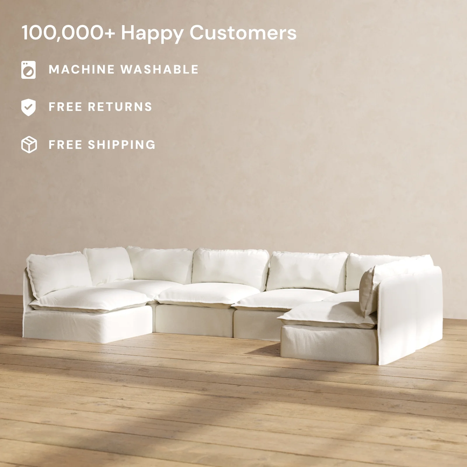 Modular Washable 6-Seater Open-Ends U-Sectional in Eggshell | Memorix+ Seat | Contour Pillow - Image 2