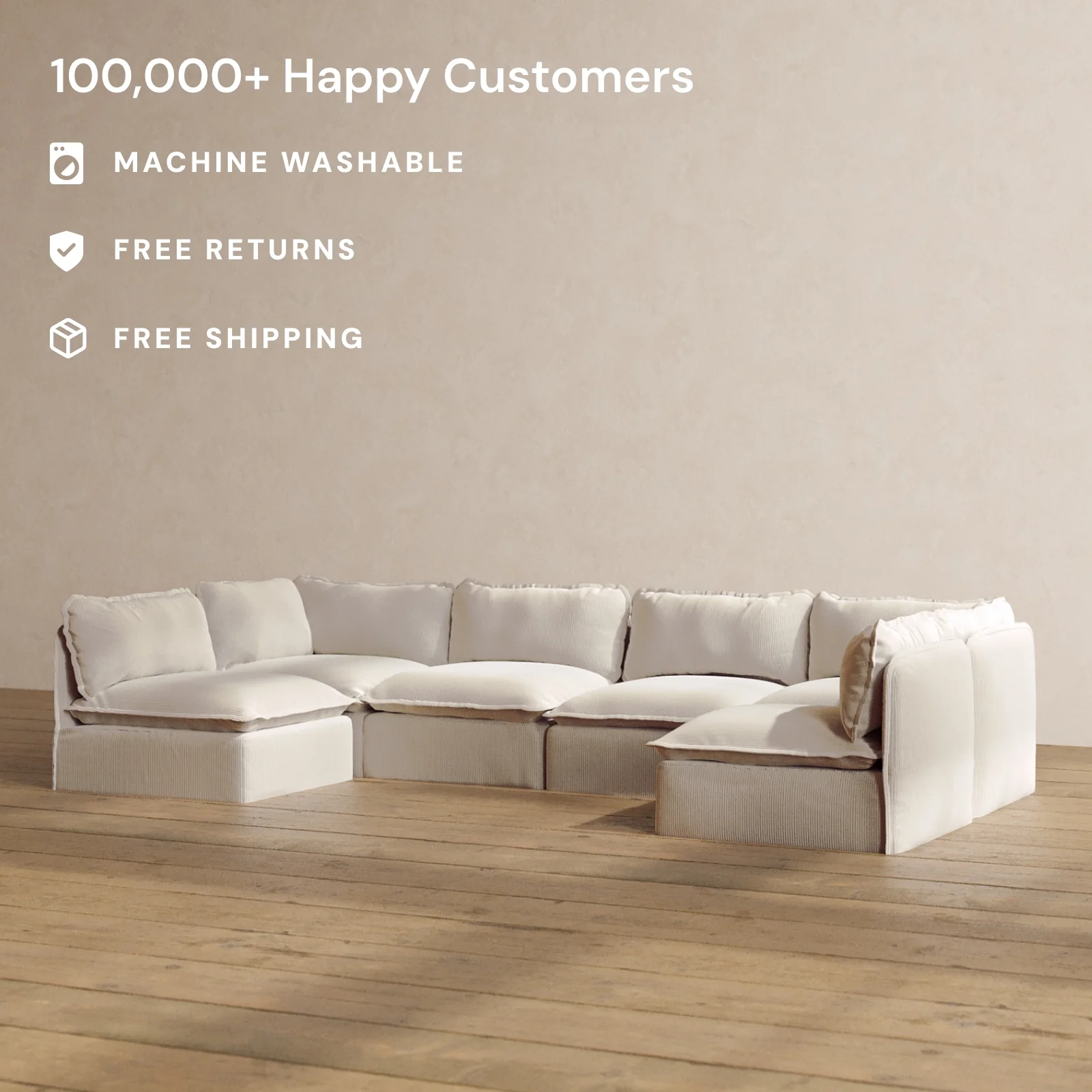 Modular Washable 6-Seater Open-Ends U-Sectional in Milk | Memorix+ Seat | Contour Pillow - Image 2