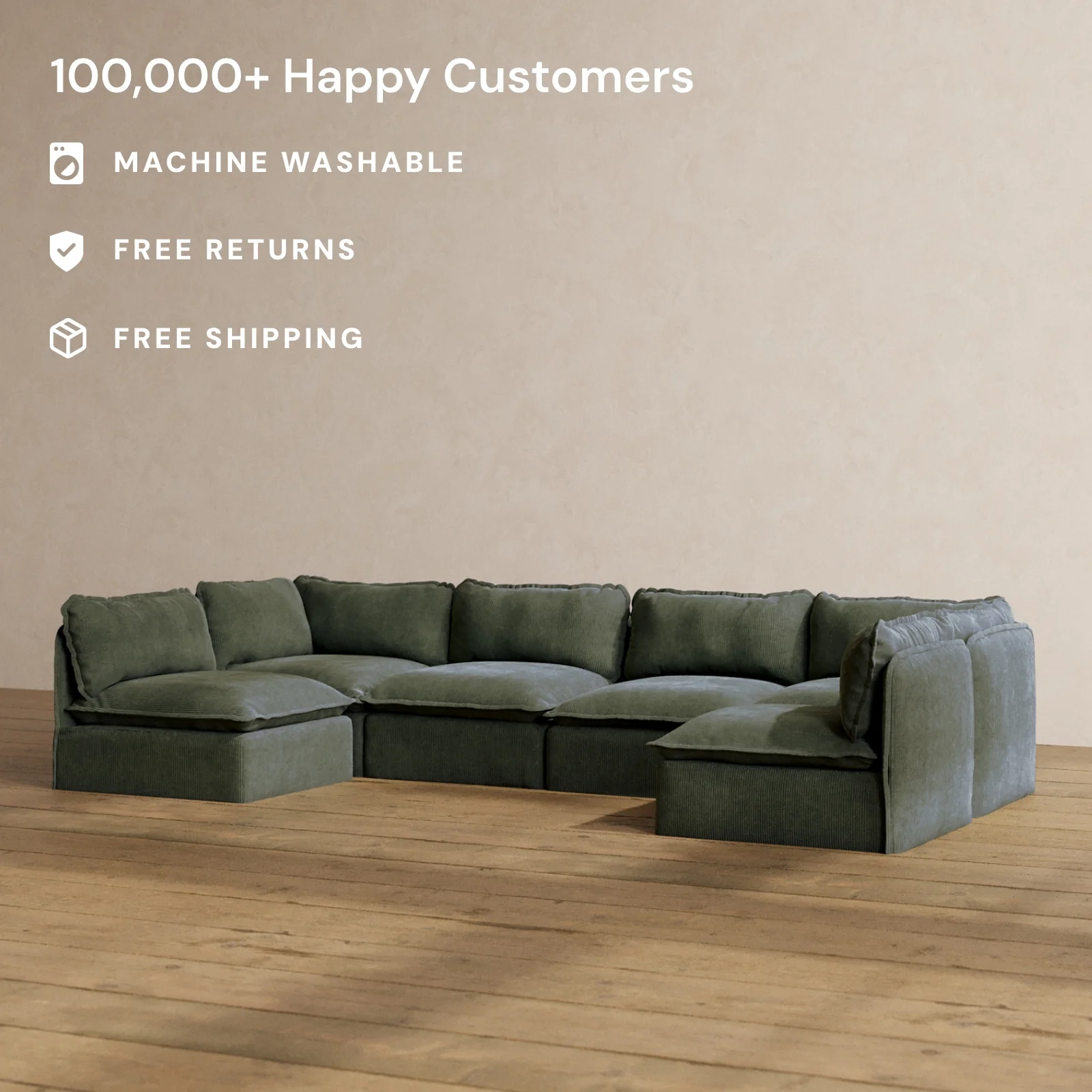 Modular Washable 6-Seater Open-Ends U-Sectional in Olivine | Memorix+ Seat | Contour Pillow - Image 2