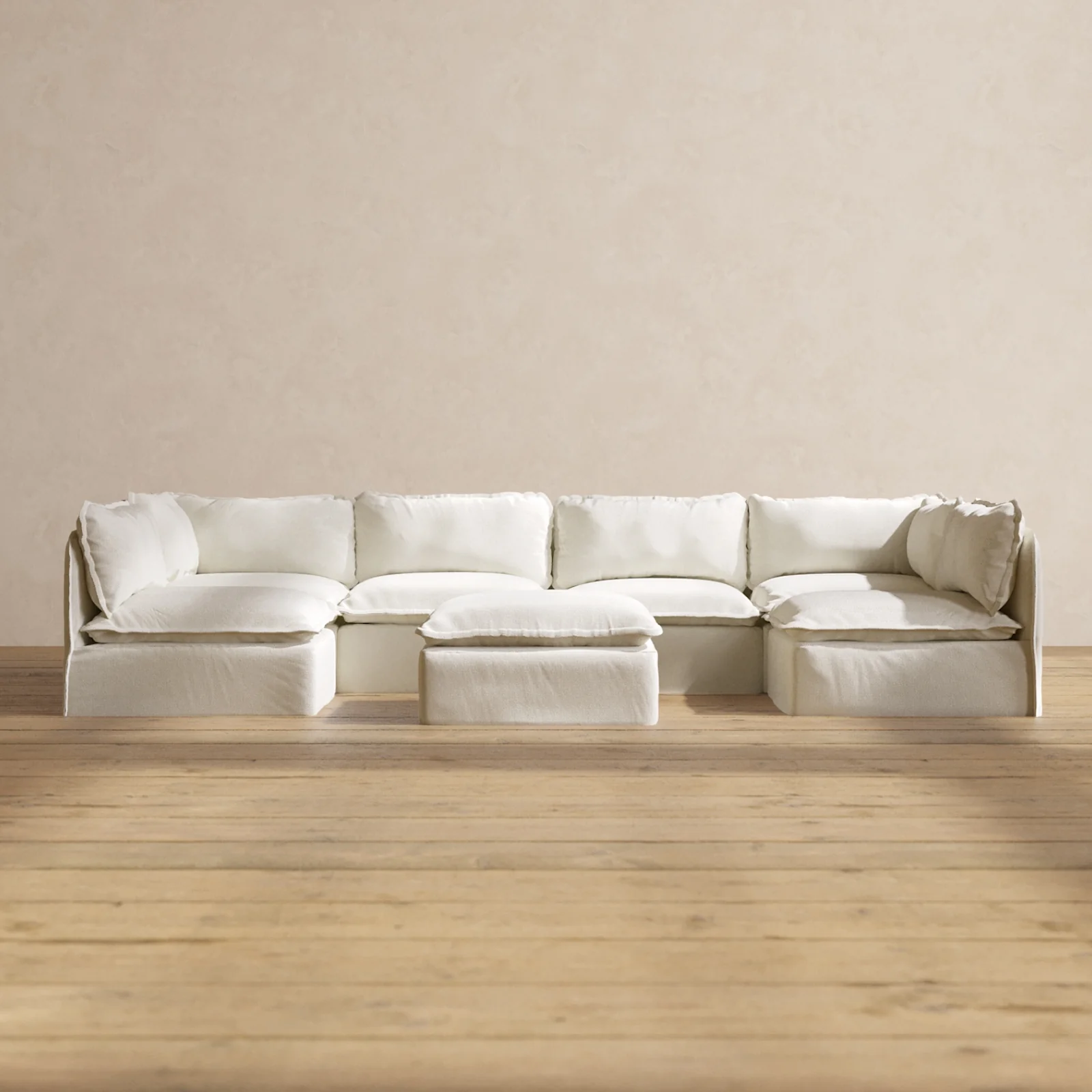 Modular Washable 6-Seater Open-Ends U-Sectional + Ottoman in Eggshell | Deluxe+ Seat | Cloud Pillow