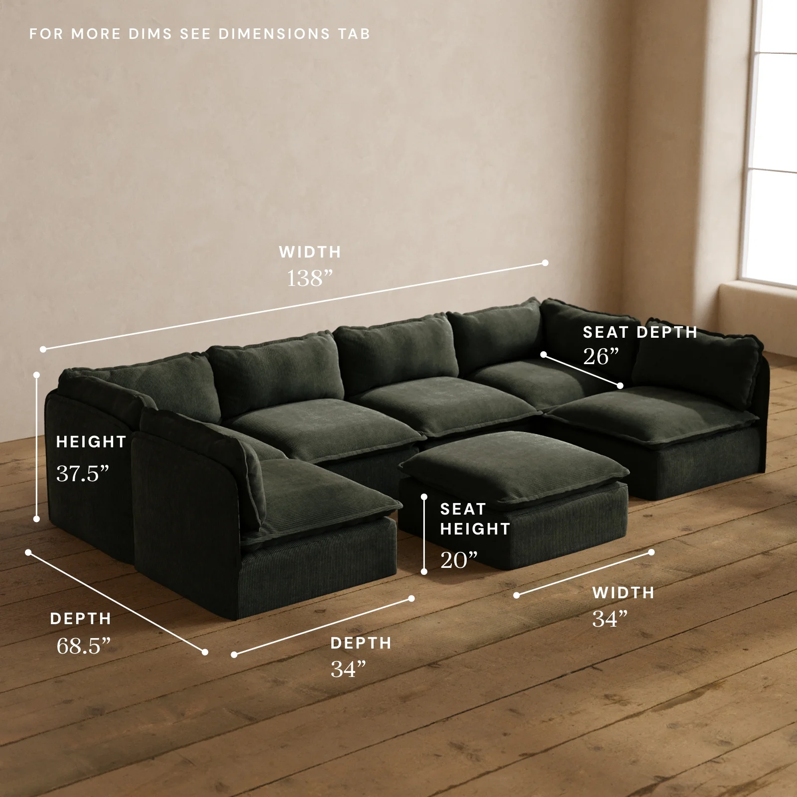 Modular Washable 6-Seater Open-Ends U-Sectional + Ottoman in Olivine | Deluxe+ Seat | Cloud Pillow - Image 5