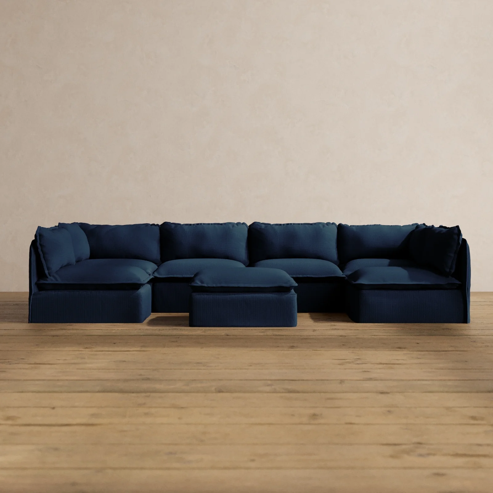 Modular Washable 6-Seater Open-Ends U-Sectional + Ottoman in Sumi | Deluxe+ Seat | Cloud Pillow