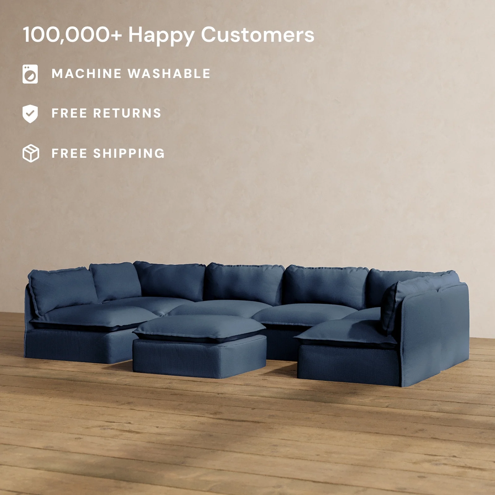 Modular Washable 6-Seater Open-Ends U-Sectional + Ottoman in Sumi | Deluxe+ Seat | Cloud Pillow - Image 2