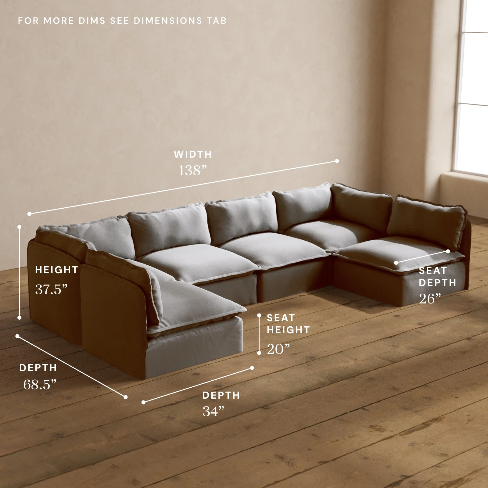 Modular Washable 6-Seater Open-Ends U-Sectional in Pumice | Deluxe+ Seat | Cloud Pillow - Image 5