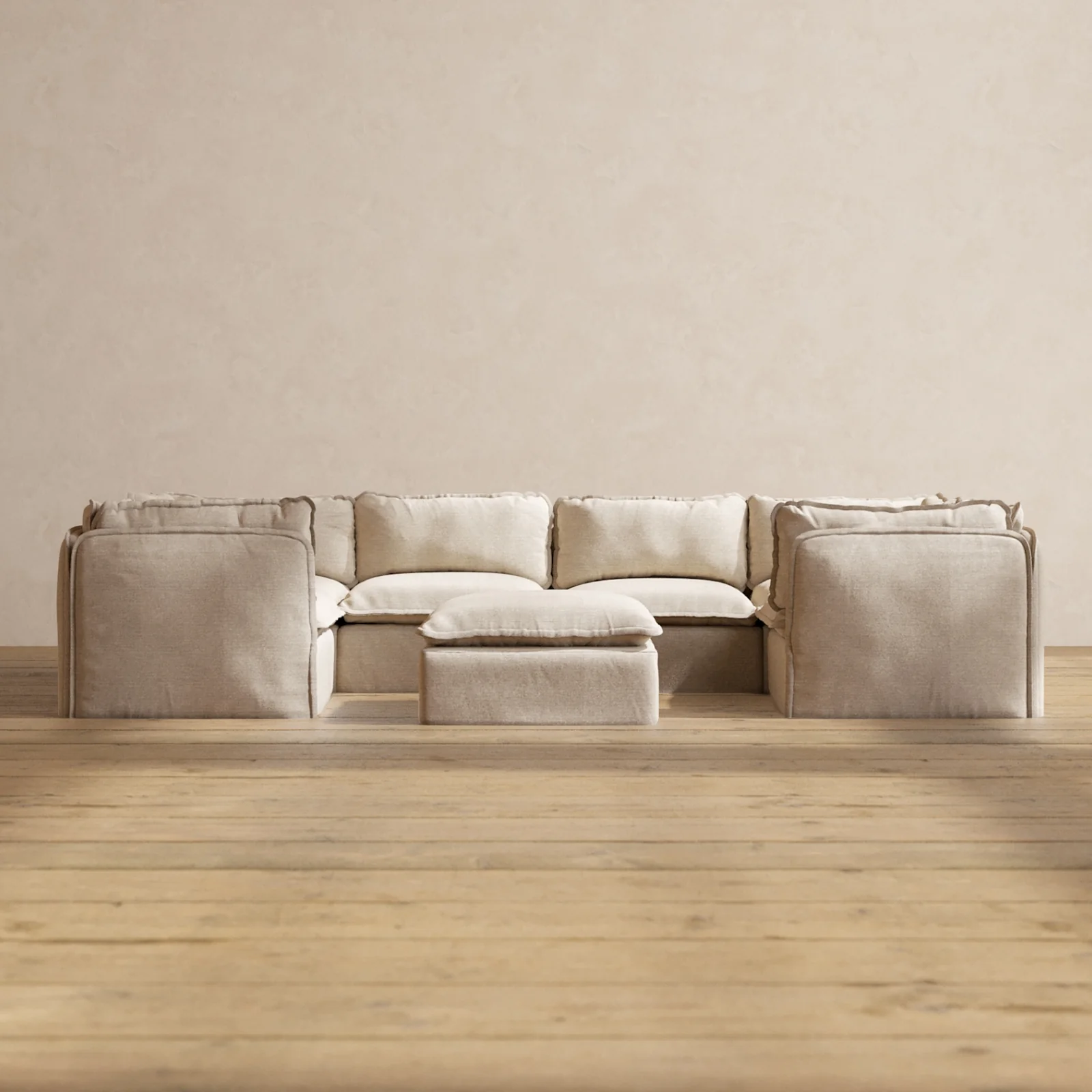 Modular Washable 6-Seater U-Sectional + Ottoman in Oat | Memorix+ Seat | Contour Pillow