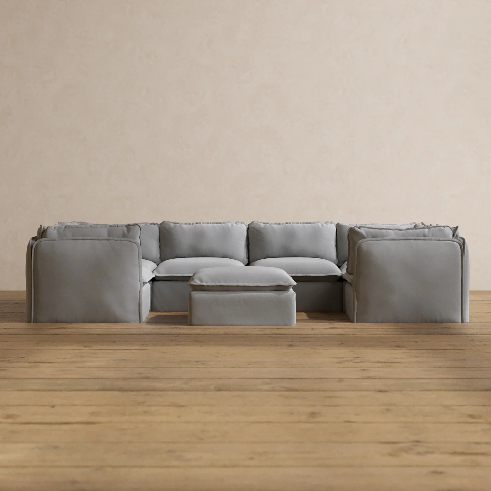 Modular Washable 6-Seater U-Sectional + Ottoman in Pumice | Deluxe+ Seat | Cloud Pillow