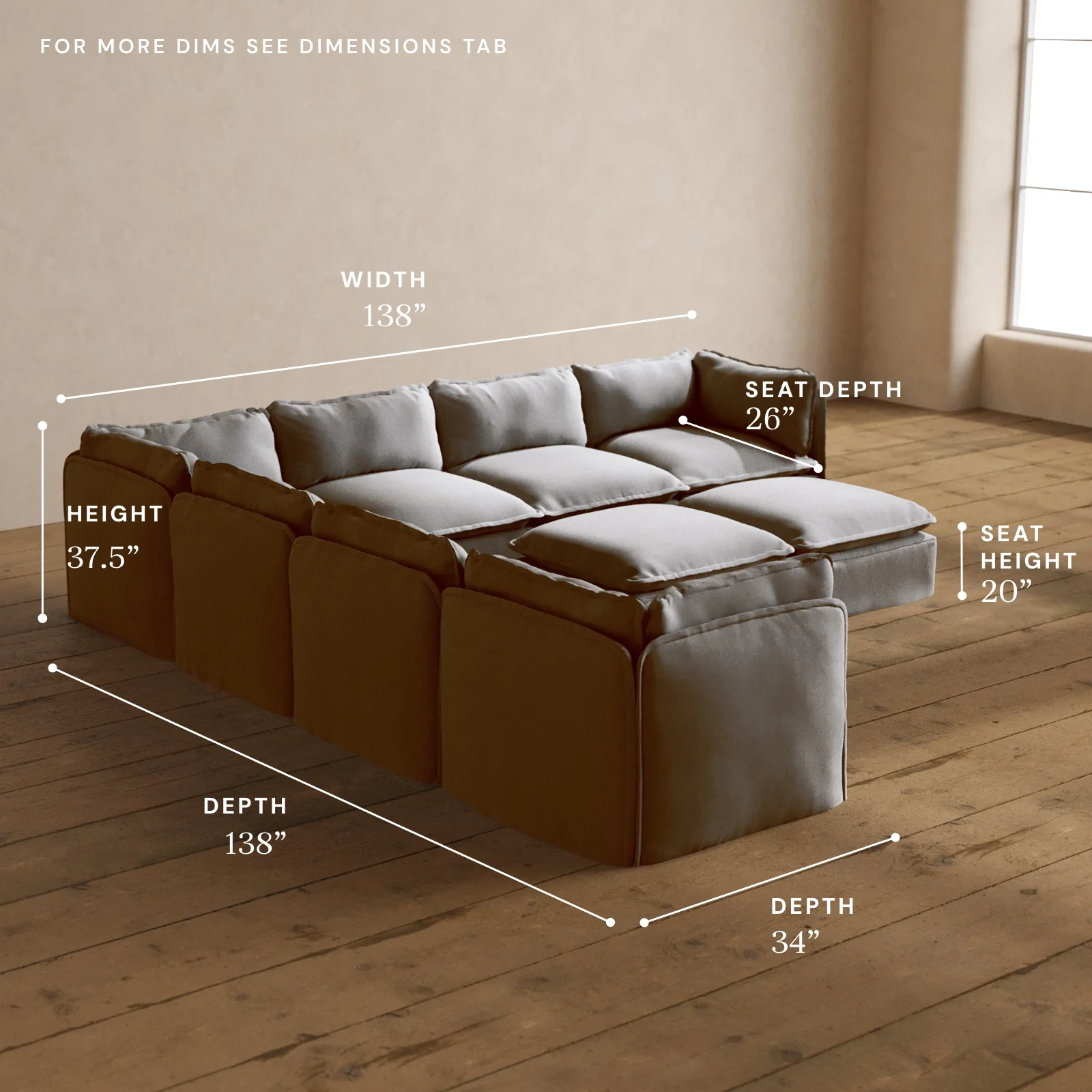 Modular Washable 7-Seater Corner Sectional + Bench Ottoman in Pumice | Deluxe+ Seat | Cloud Pillow - Image 5