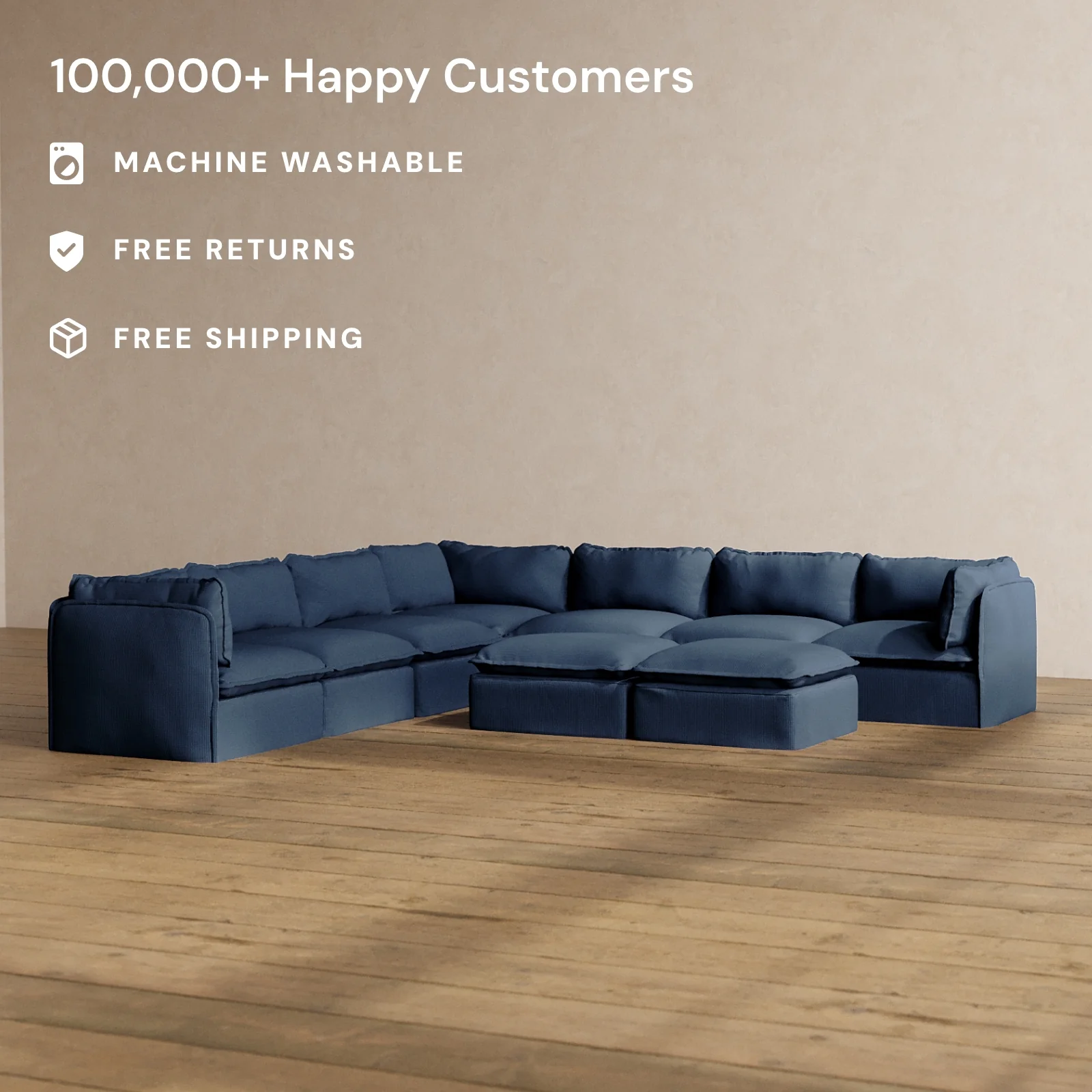 Modular Washable 7-Seater Corner Sectional + Bench Ottoman in Sumi | Deluxe+ Seat | Cloud Pillow - Image 2