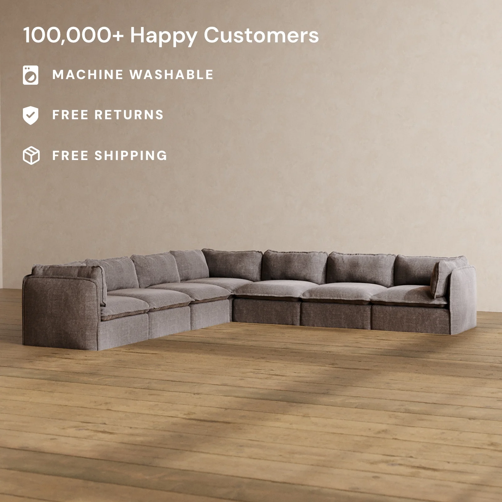 Modular Washable 7-Seater Corner Sectional in Caviar | Deluxe+ Seat | Cloud Pillow - Image 2
