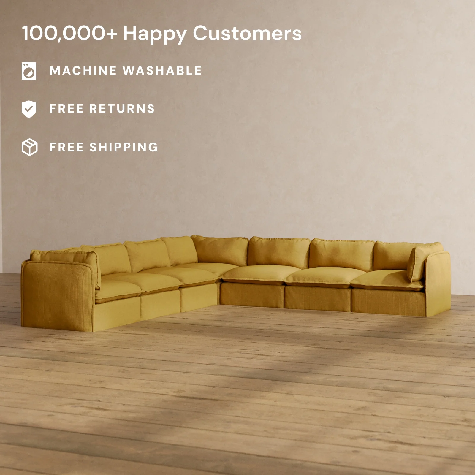 Modular Washable 7-Seater Corner Sectional in Kiiro | Memorix+ Seat | Contour Pillow - Image 2