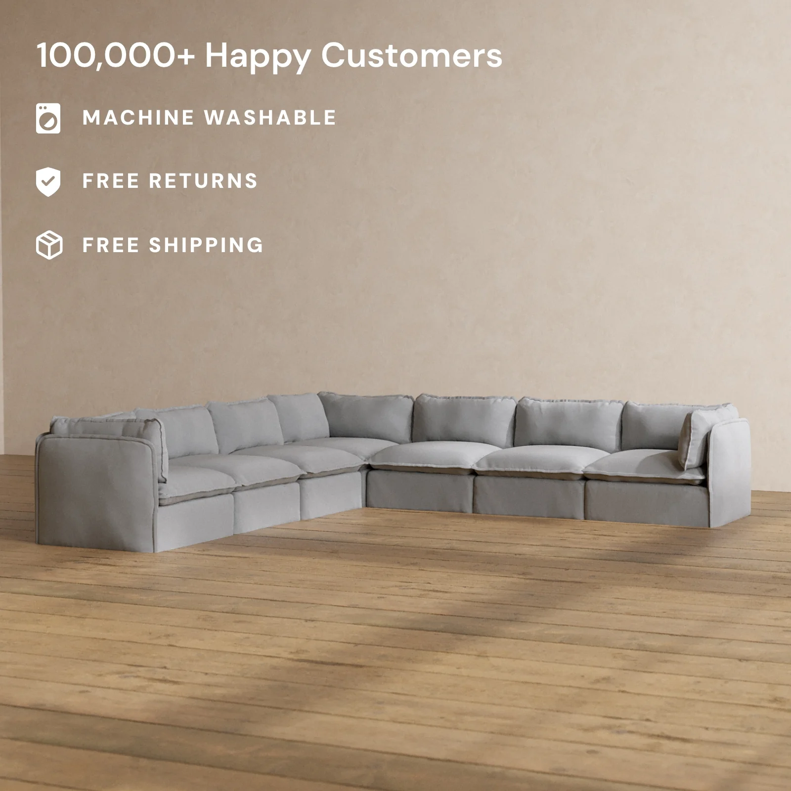 Modular Washable 7-Seater Corner Sectional in Pumice | Memorix+ Seat | Contour Pillow - Image 2