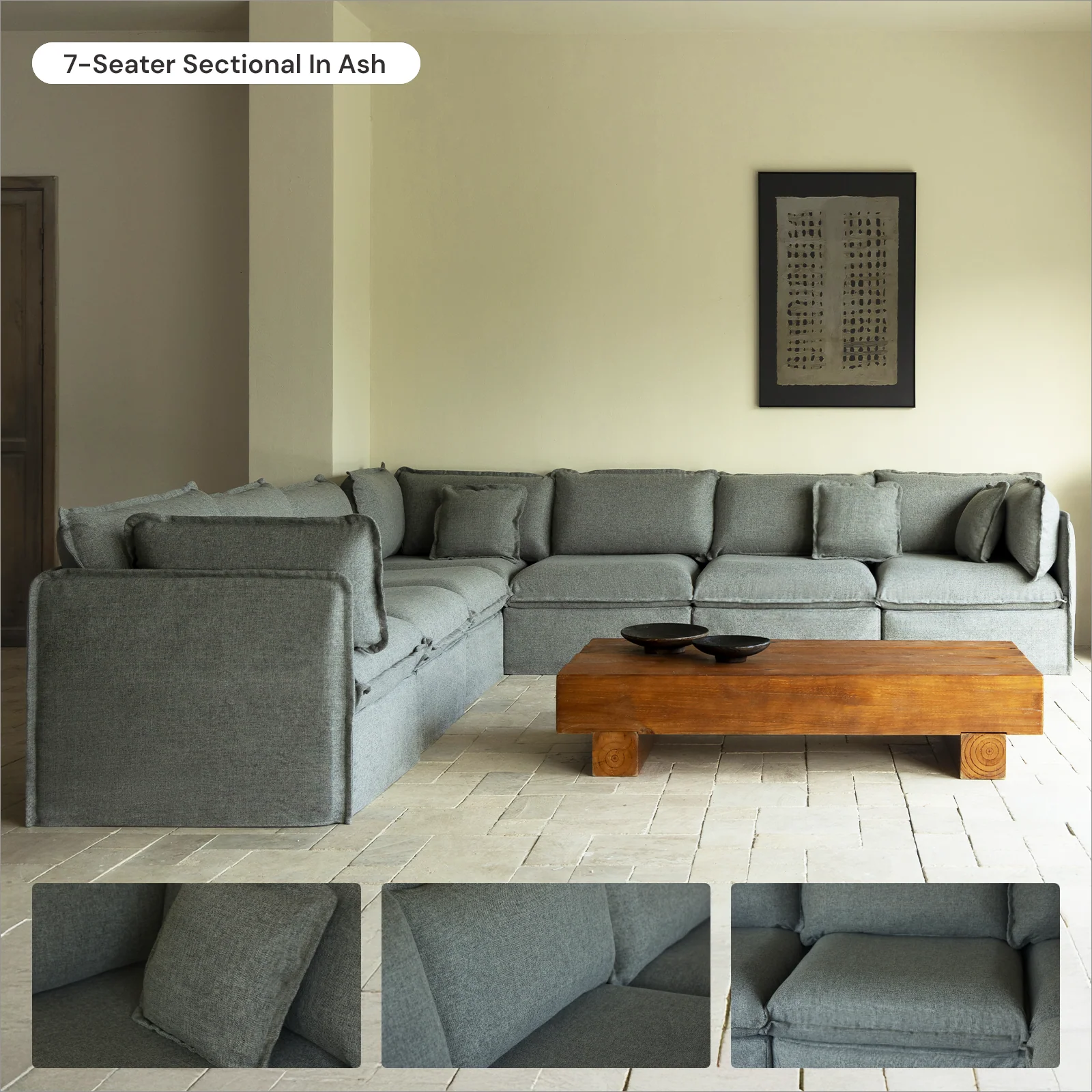 Modular Washable 7-Seater Open-Ends Corner Sectional + Bench Ottoman in Ash | Deluxe+ Seat | Cloud Pillow - Image 7