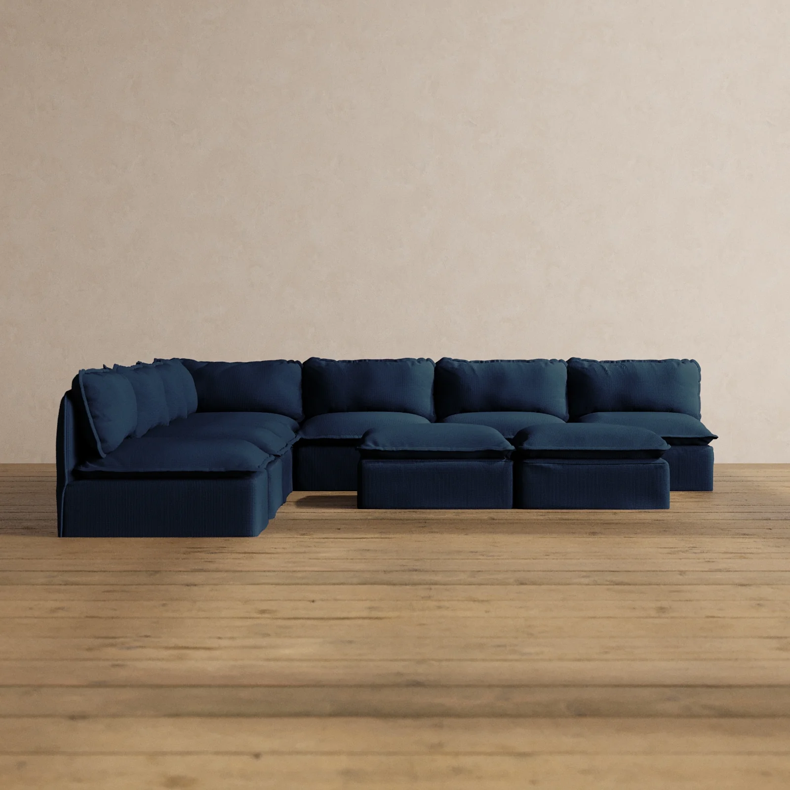 Modular Washable 7-Seater Open-Ends Corner Sectional + Bench Ottoman in Sumi | Deluxe+ Seat | Cloud Pillow