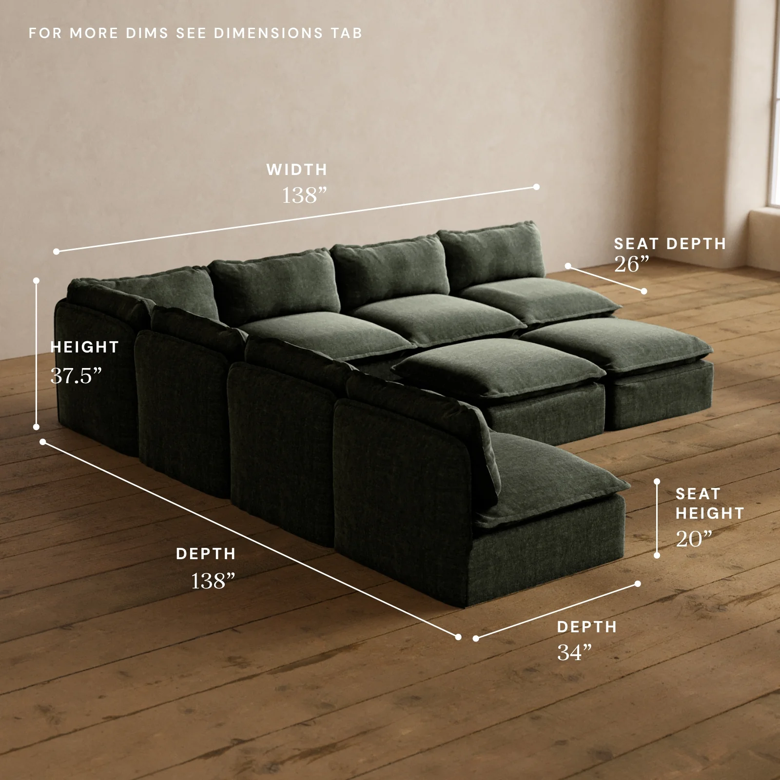Modular Washable 7-Seater Open-Ends Corner Sectional + Bench Ottoman in Willow | Deluxe+ Seat | Cloud Pillow - Image 5