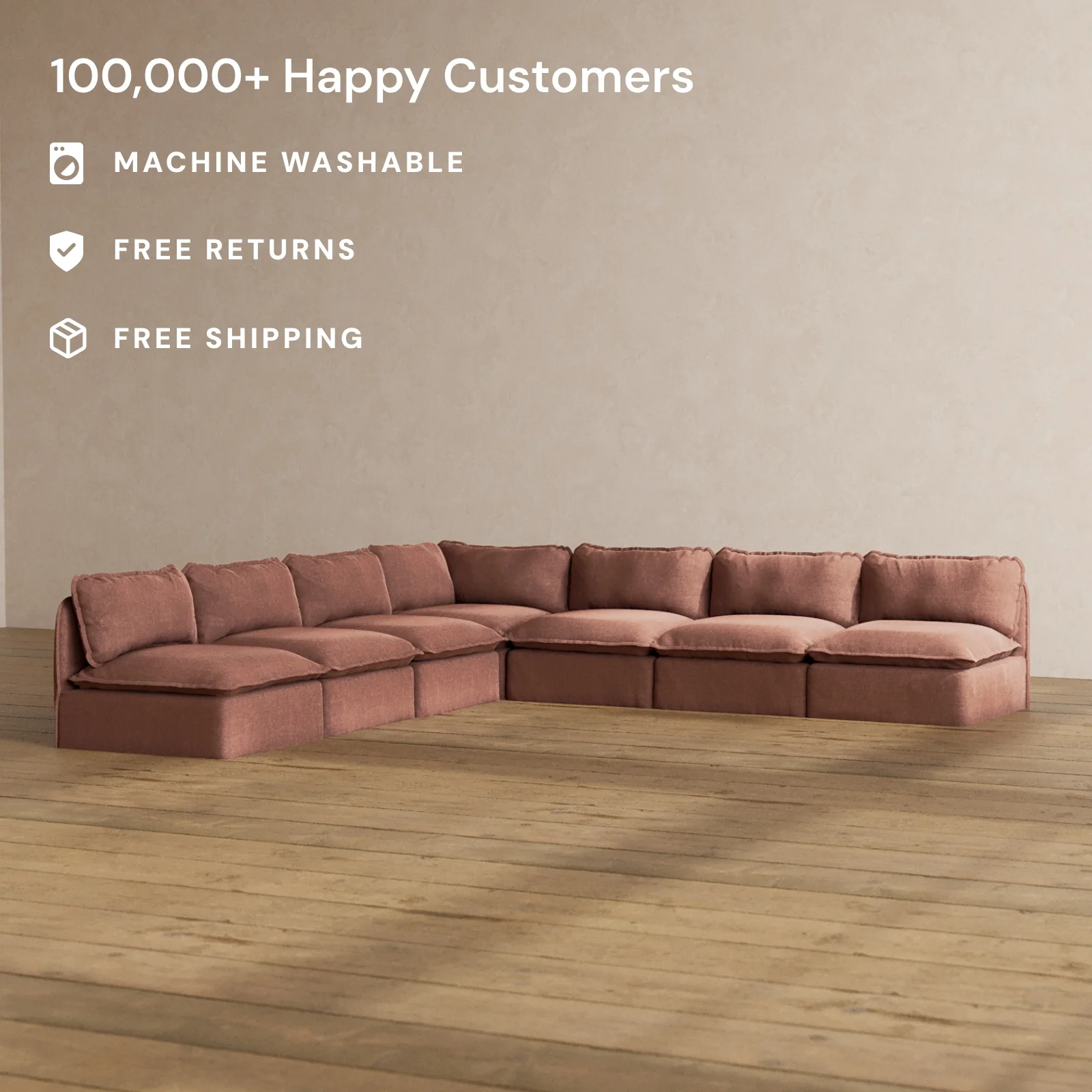Modular Washable 7-Seater Open-Ends Corner Sectional in Chestnut | Memorix+ Seat | Contour Pillow - Image 2