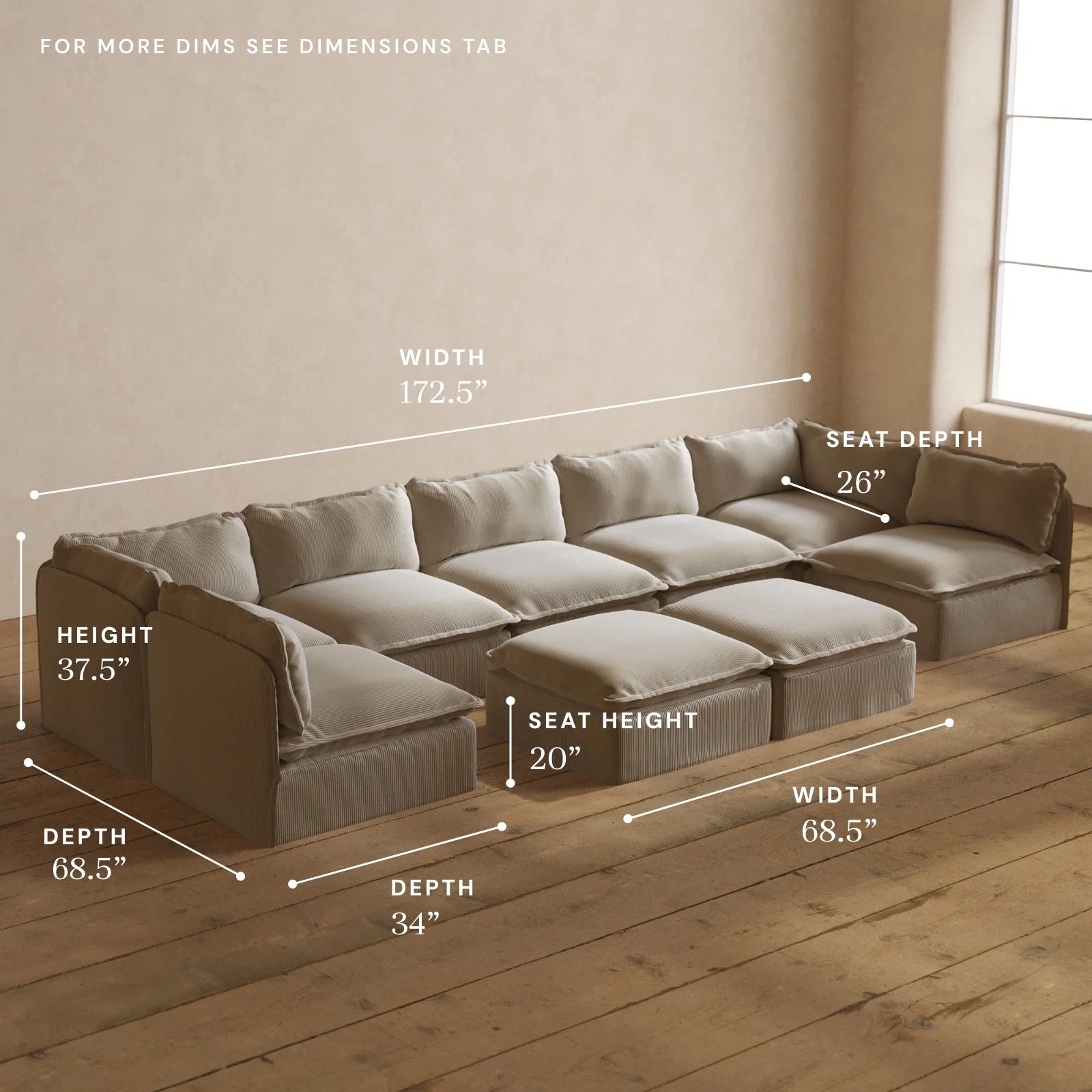 Modular Washable 7-Seater Open-Ends U-Sectional + Bench Ottoman in Milk | Deluxe+ Seat | Cloud Pillow - Image 5
