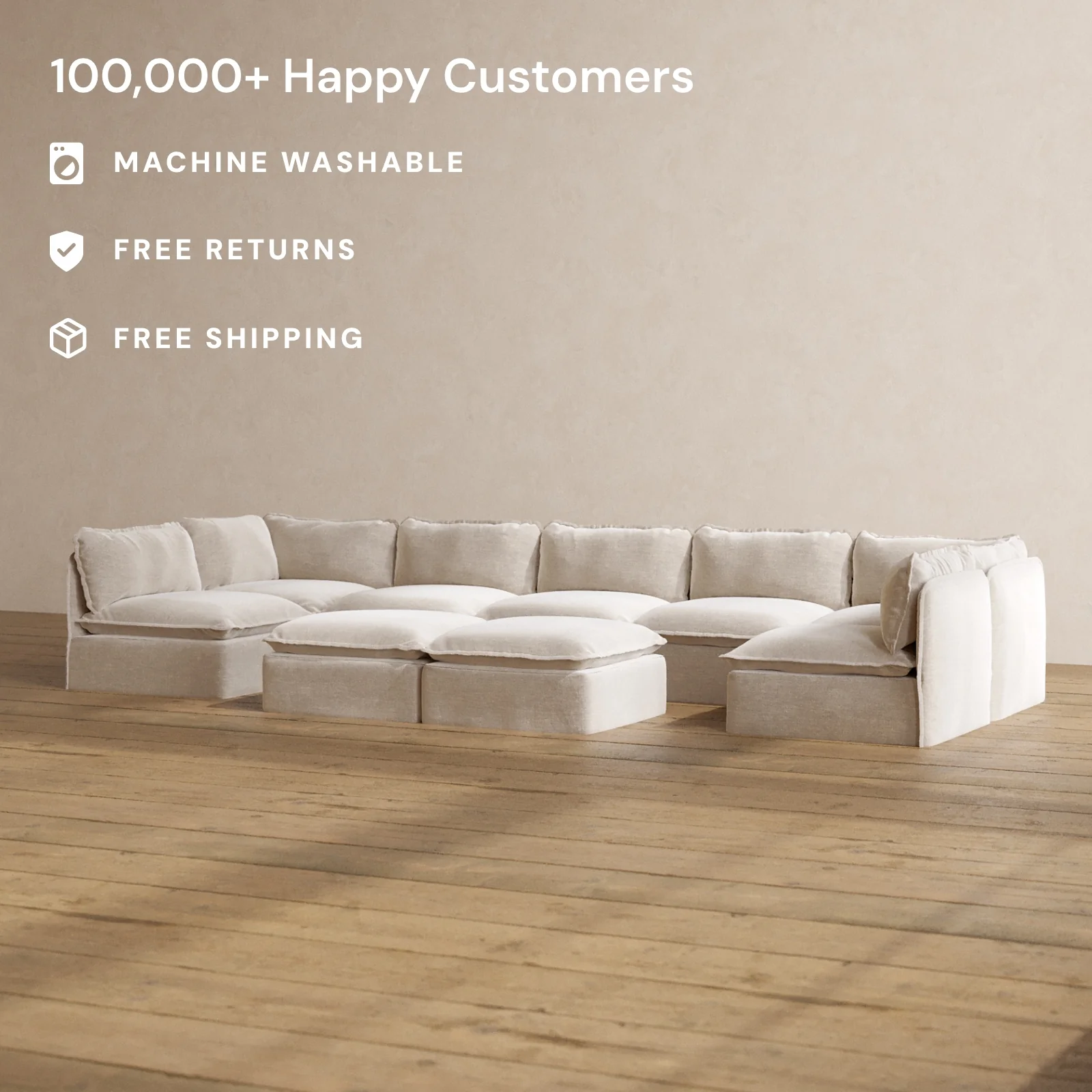 Modular Washable 7-Seater Open-Ends U-Sectional + Bench Ottoman in Mist | Memorix+ Seat | Contour Pillow - Image 2