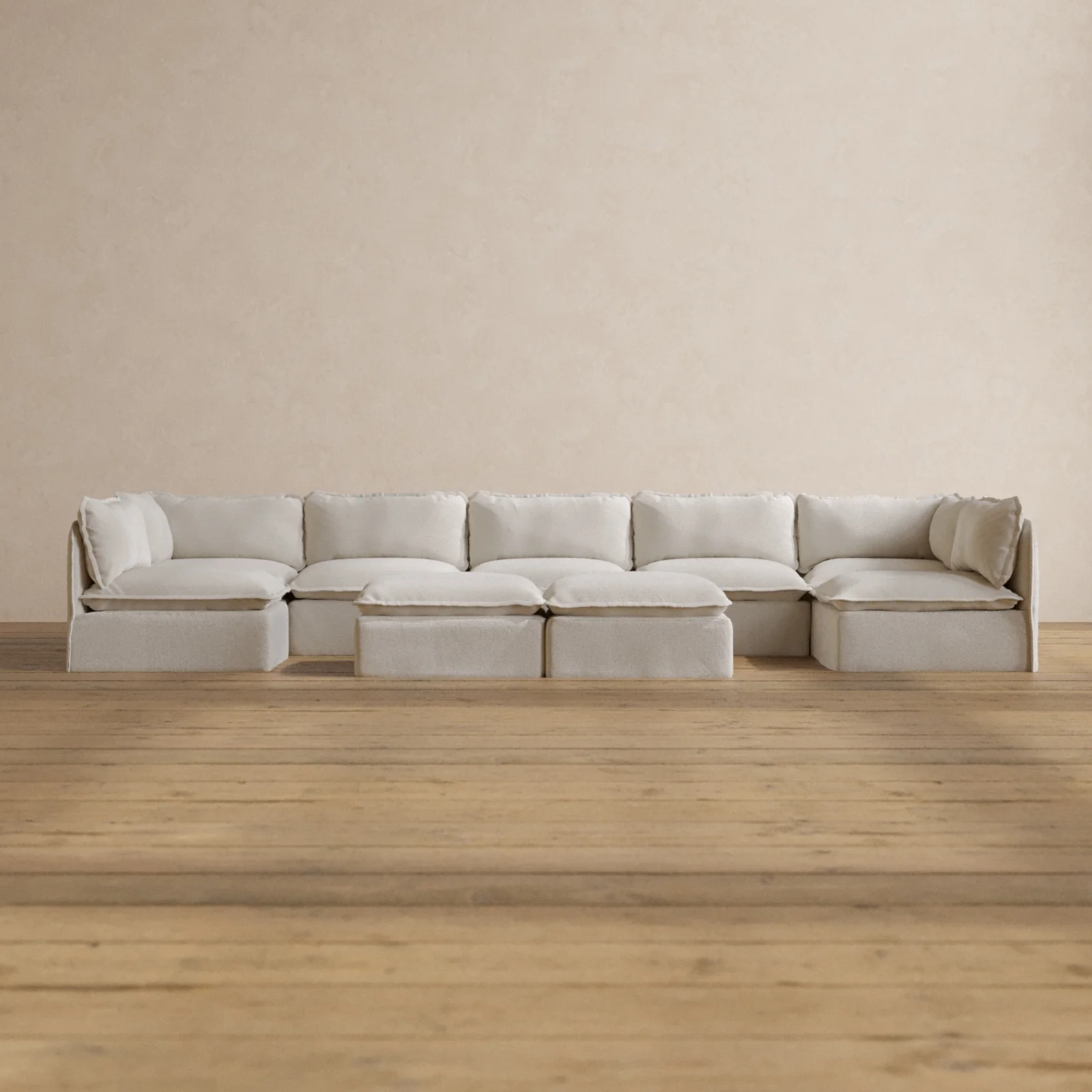 Modular Washable 7-Seater Open-Ends U-Sectional + Bench Ottoman in Powder | Deluxe+ Seat | Cloud Pillow