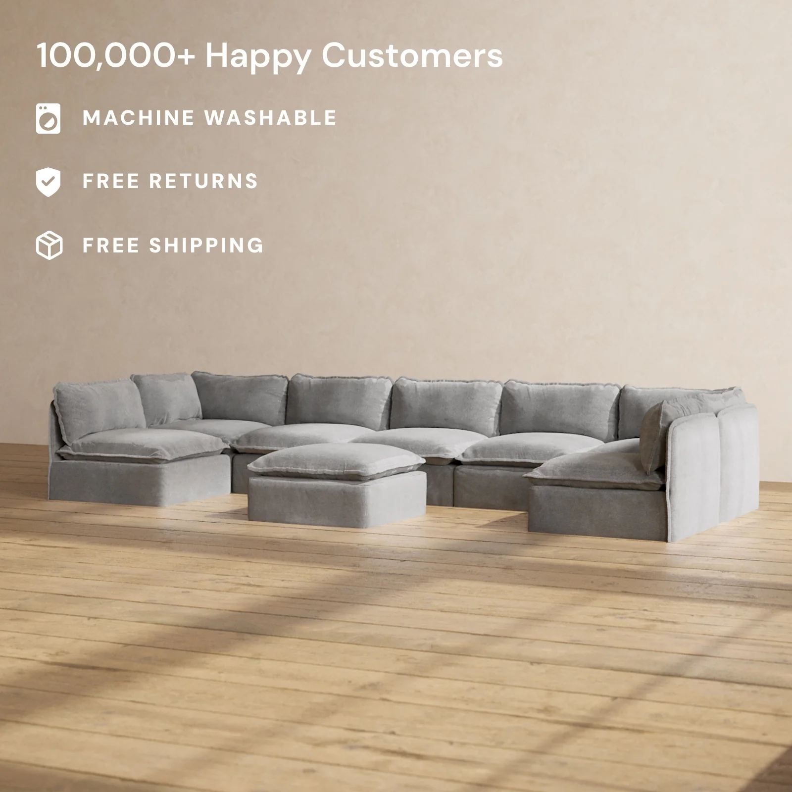 Modular Washable 7-Seater Open-Ends U-Sectional + Ottoman in Ash | Memorix+ Seat | Contour Pillow - Image 2
