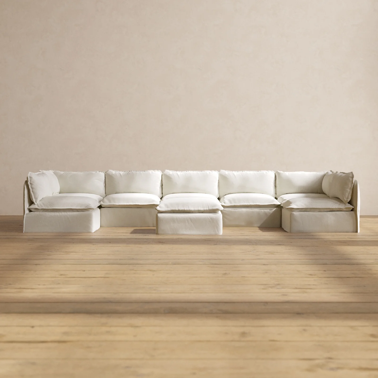 Modular Washable 7-Seater Open-Ends U-Sectional + Ottoman in Eggshell | Memorix+ Seat | Contour Pillow
