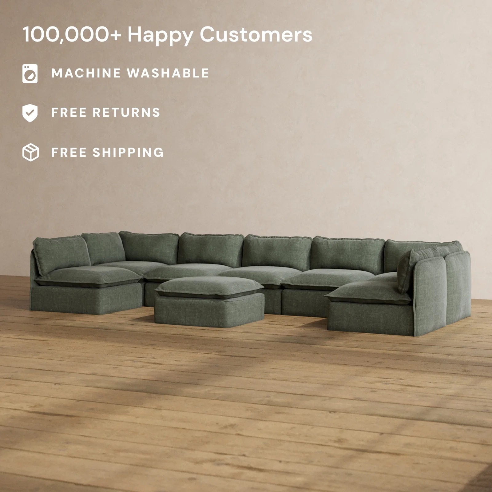 Modular Washable 7-Seater Open-Ends U-Sectional + Ottoman in Willow | Memorix+ Seat | Contour Pillow - Image 2