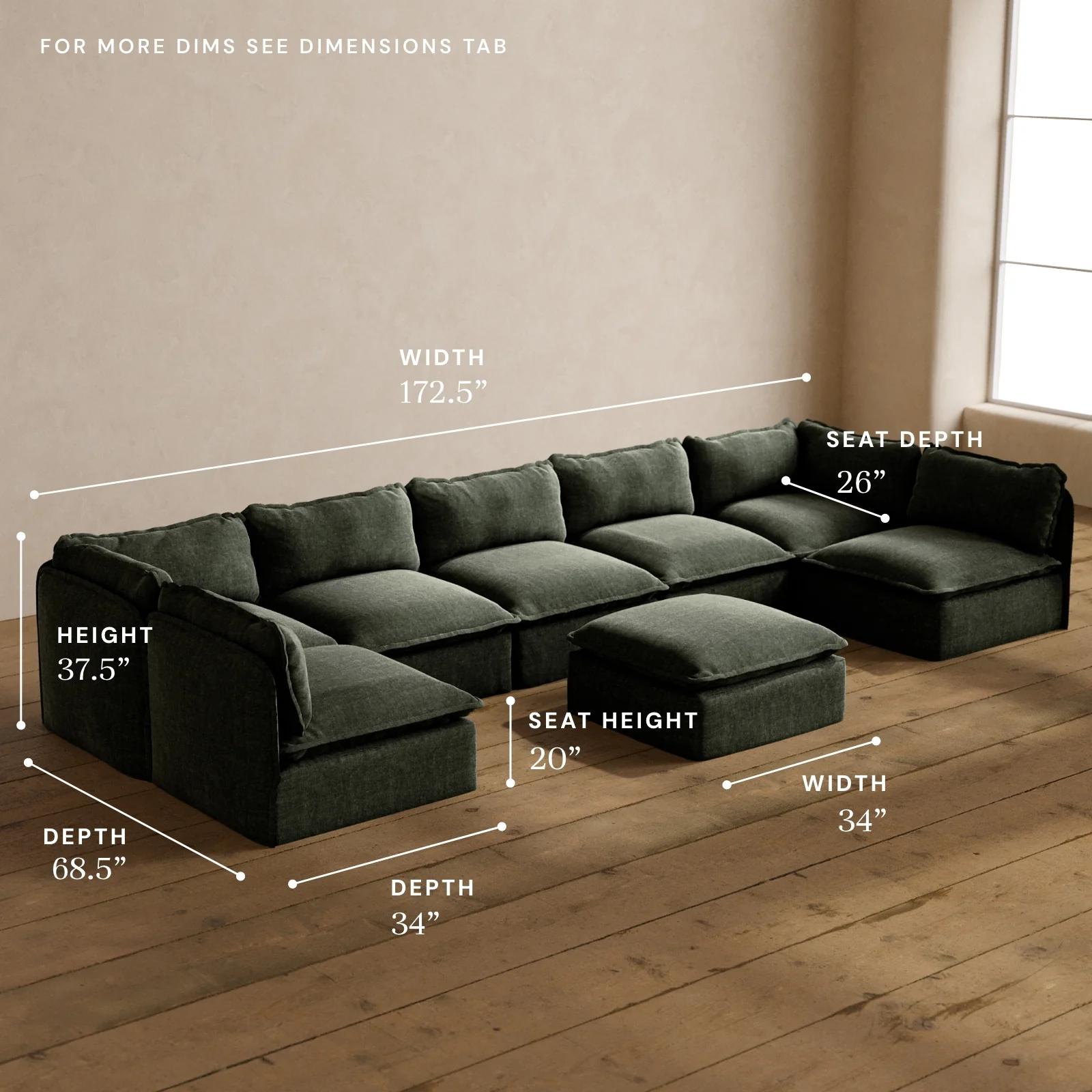 Modular Washable 7-Seater Open-Ends U-Sectional + Ottoman in Willow | Memorix+ Seat | Contour Pillow - Image 5