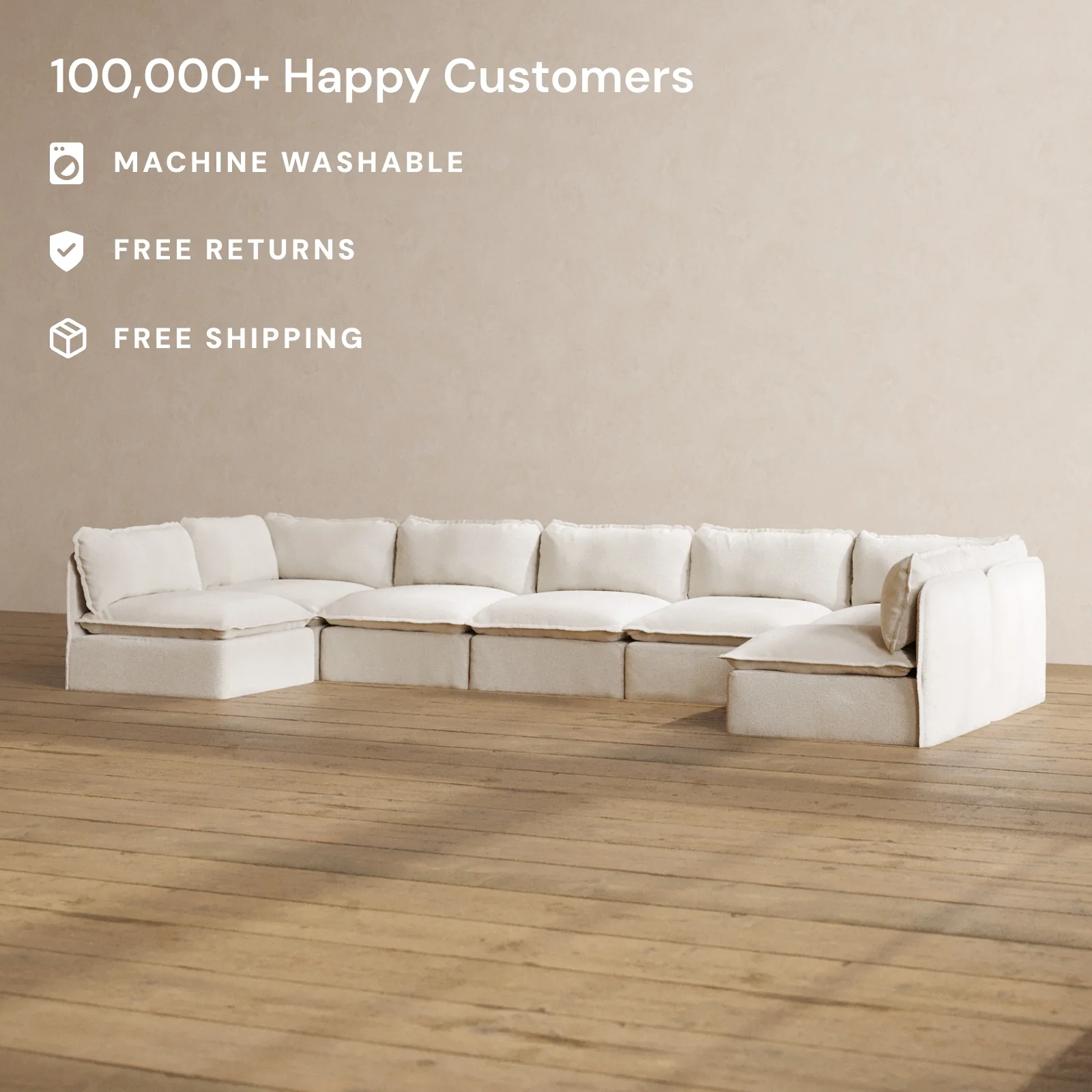 Modular Washable 7-Seater Open-Ends U-Sectional in Powder | Deluxe+ Seat | Cloud Pillow - Image 2