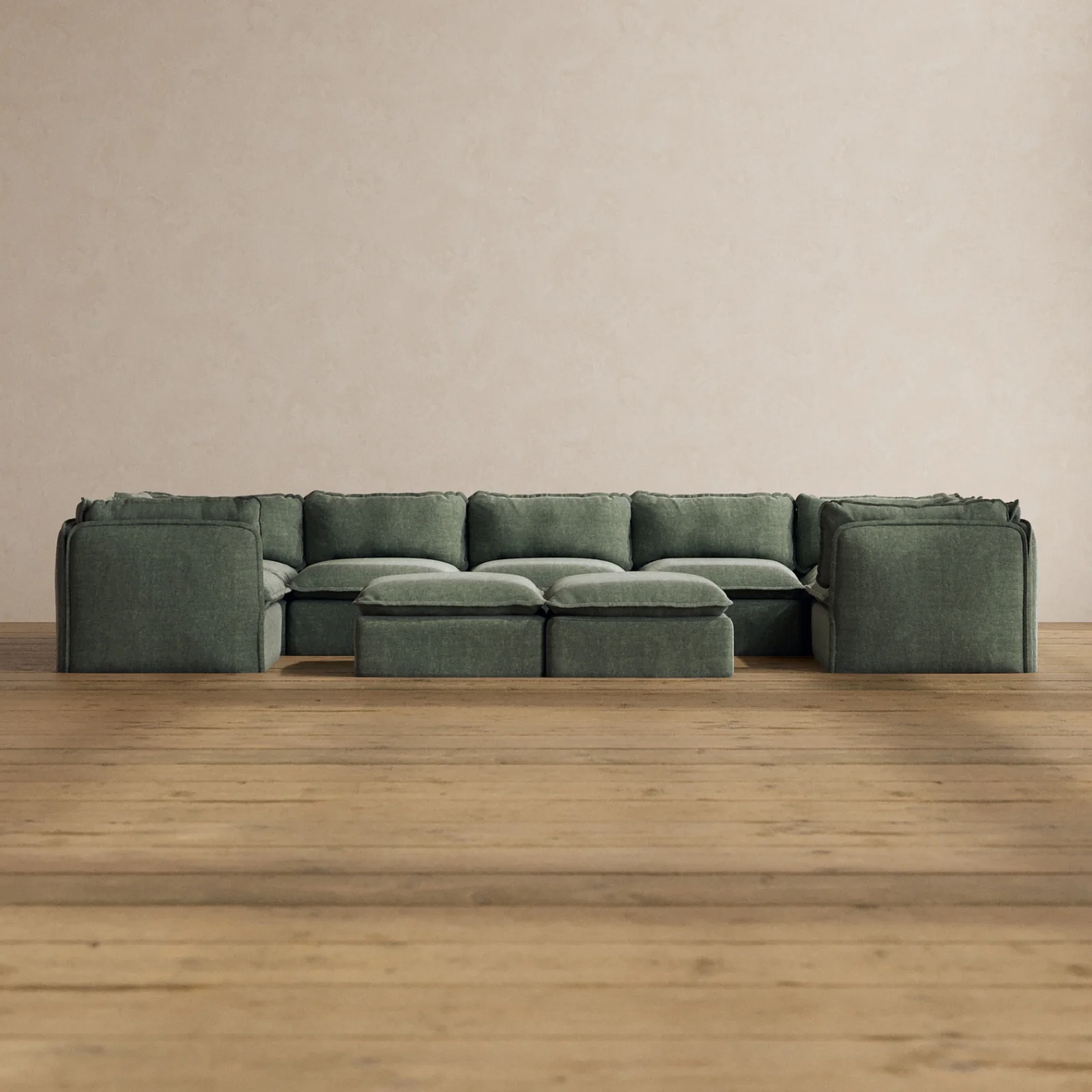 Modular Washable 7-Seater U-Sectional + Bench Ottoman in Willow | Memorix+ Seat | Contour Pillow