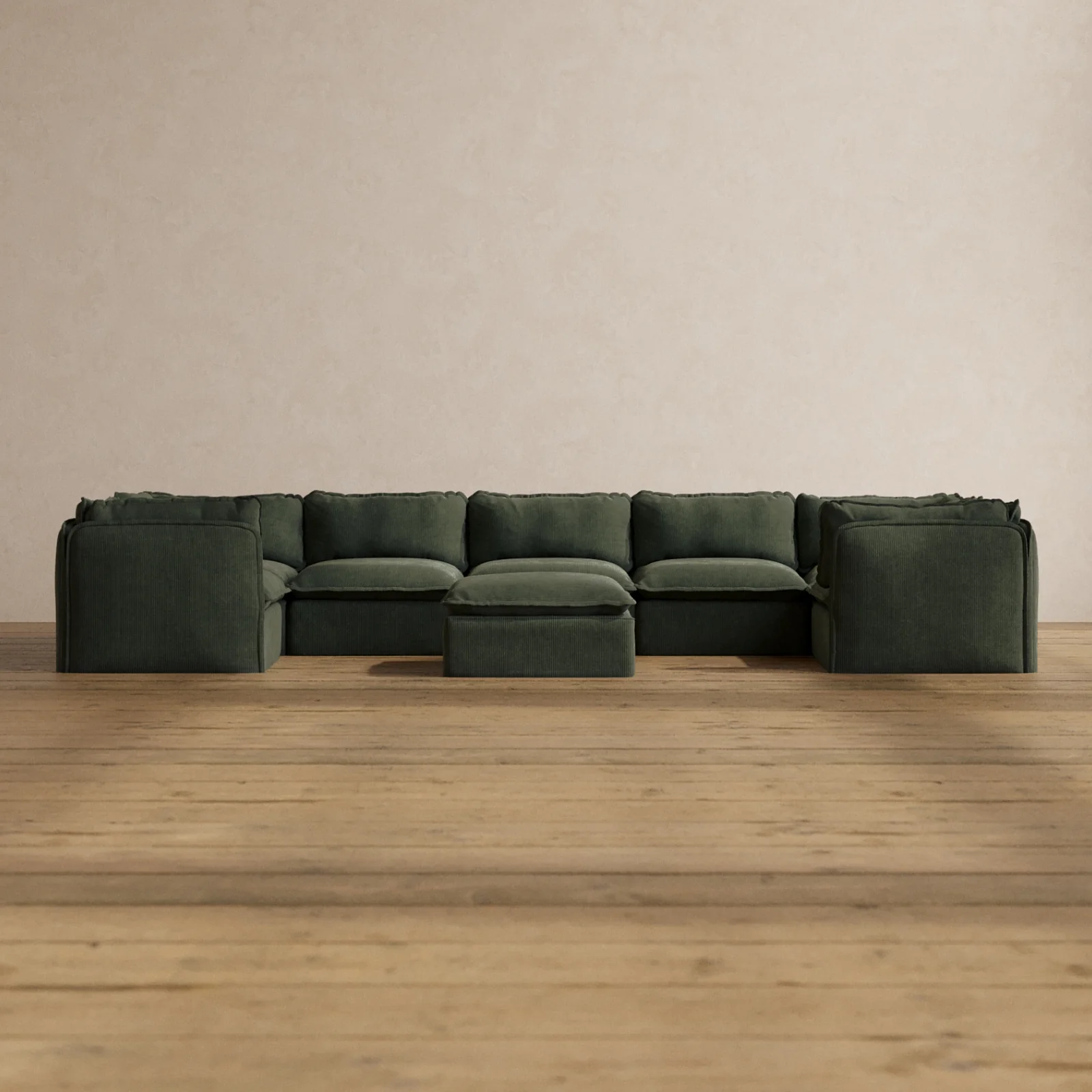 Modular Washable 7-Seater U-Sectional + Ottoman in Olivine | Deluxe+ Seat | Cloud Pillow