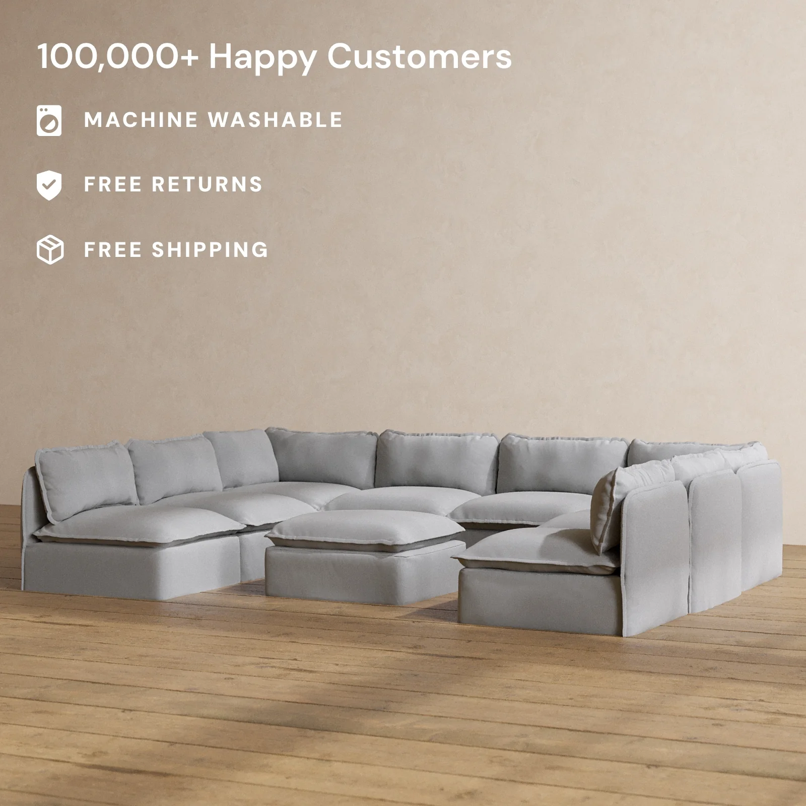 Modular Washable 8-Seater Open-Ends U-Sectional + Ottoman in Pumice | Deluxe+ Seat | Cloud Pillow - Image 2