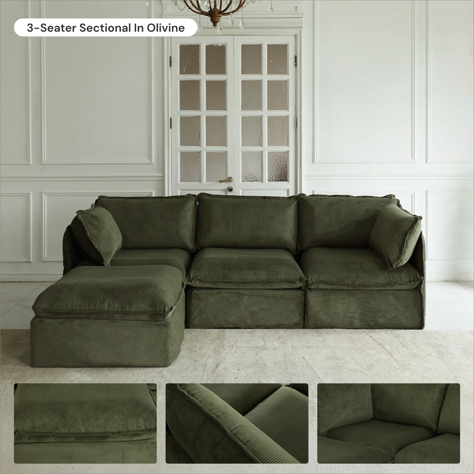 Modular Washable 8-Seater U-Sectional in Olivine | Deluxe+ Seat | Cloud Pillow - Image 7