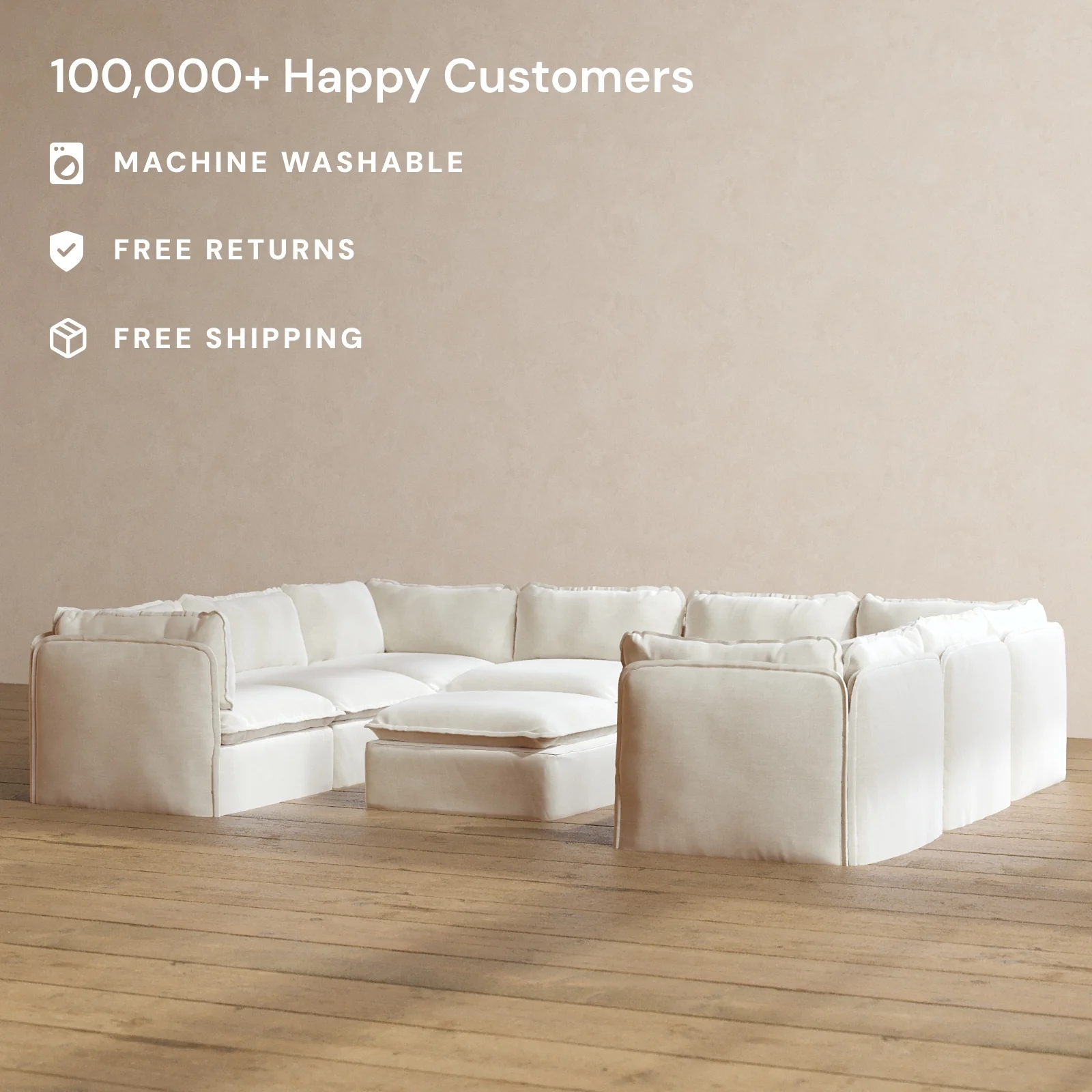 Modular Washable 8-Seater U-Sectional + Ottoman in Coco | Deluxe+ Seat | Cloud Pillow - Image 2
