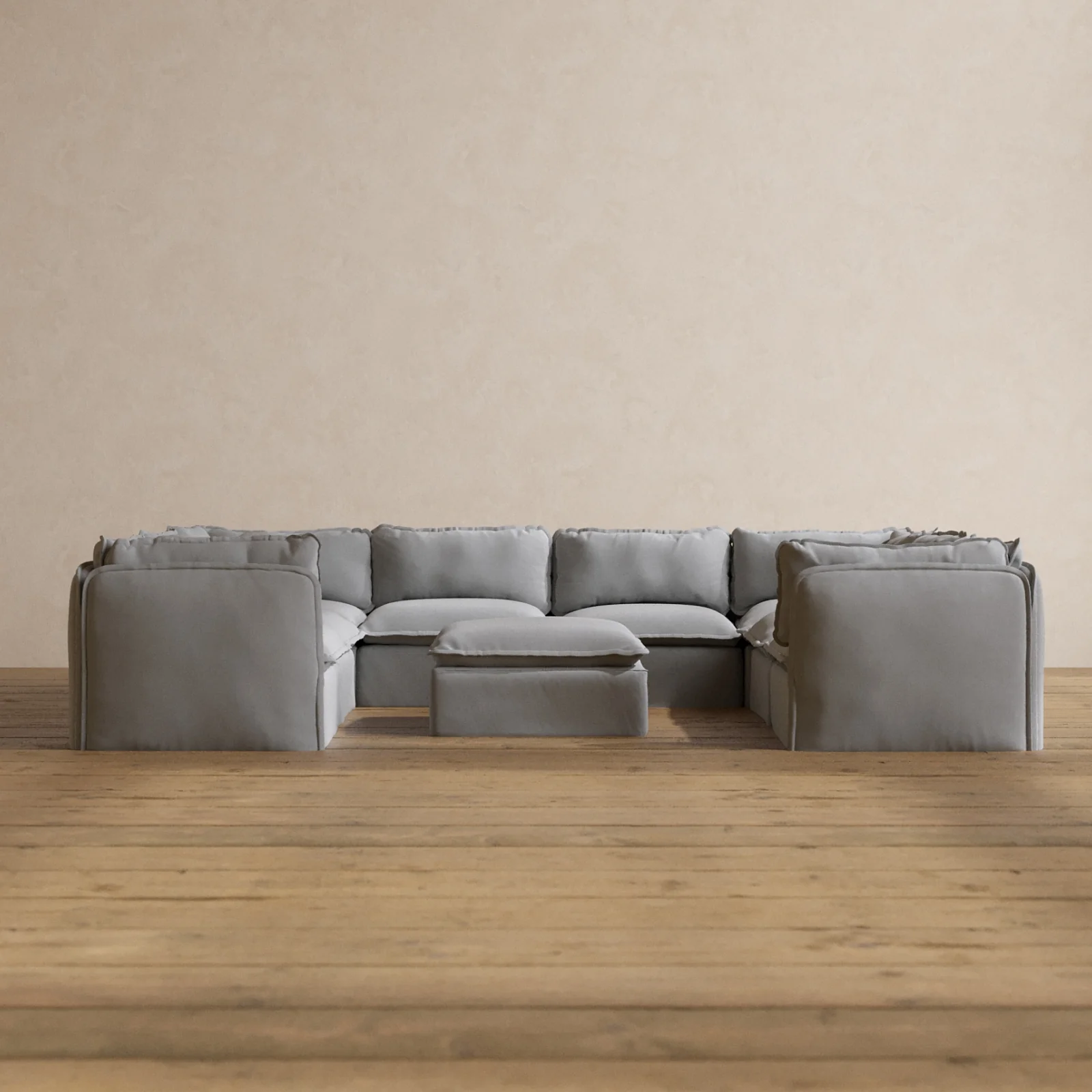 Modular Washable 8-Seater U-Sectional + Ottoman in Pumice | Deluxe+ Seat | Cloud Pillow