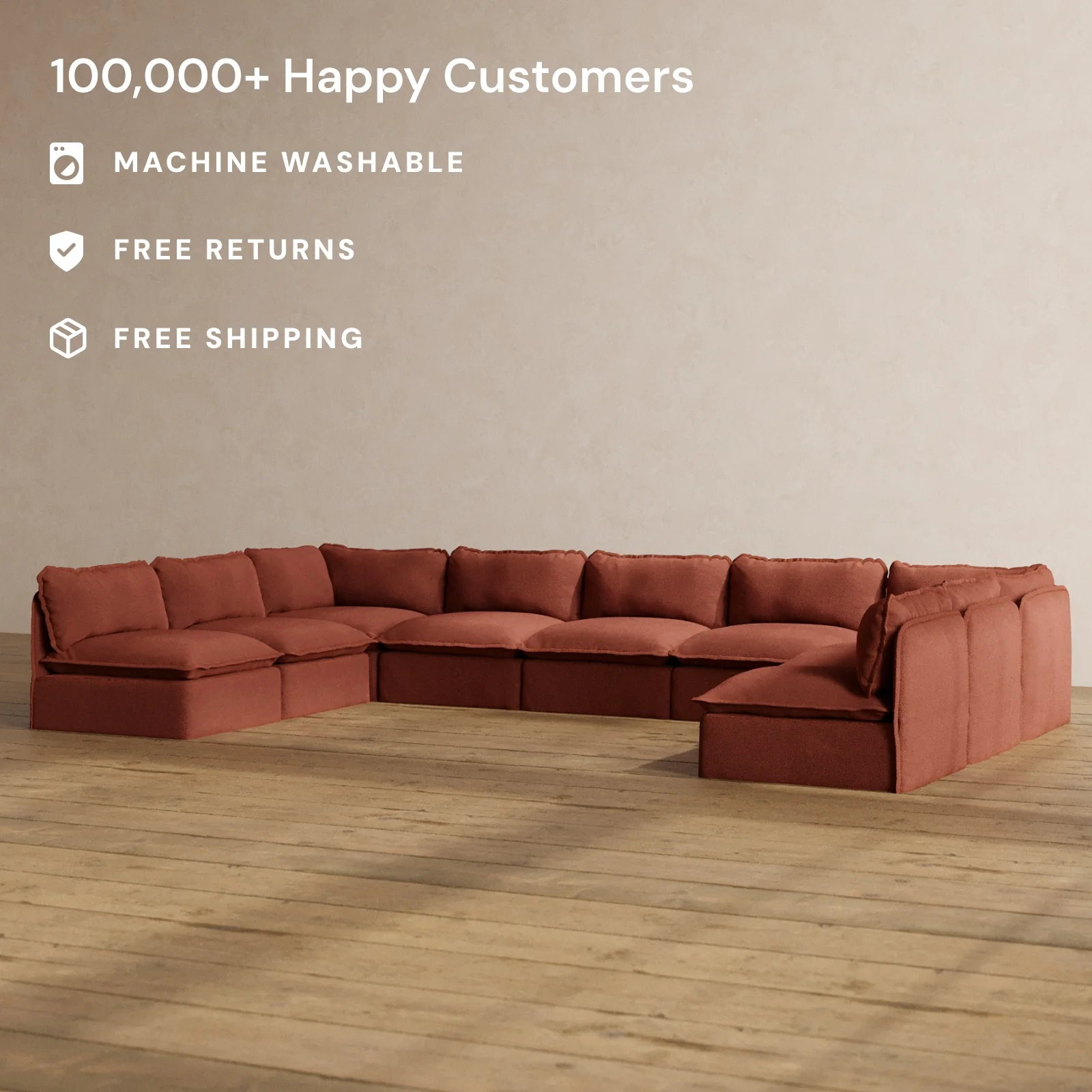 Modular Washable 9-Seater Open-Ends U-Sectional in Rust | Deluxe+ Seat | Cloud Pillow - Image 2