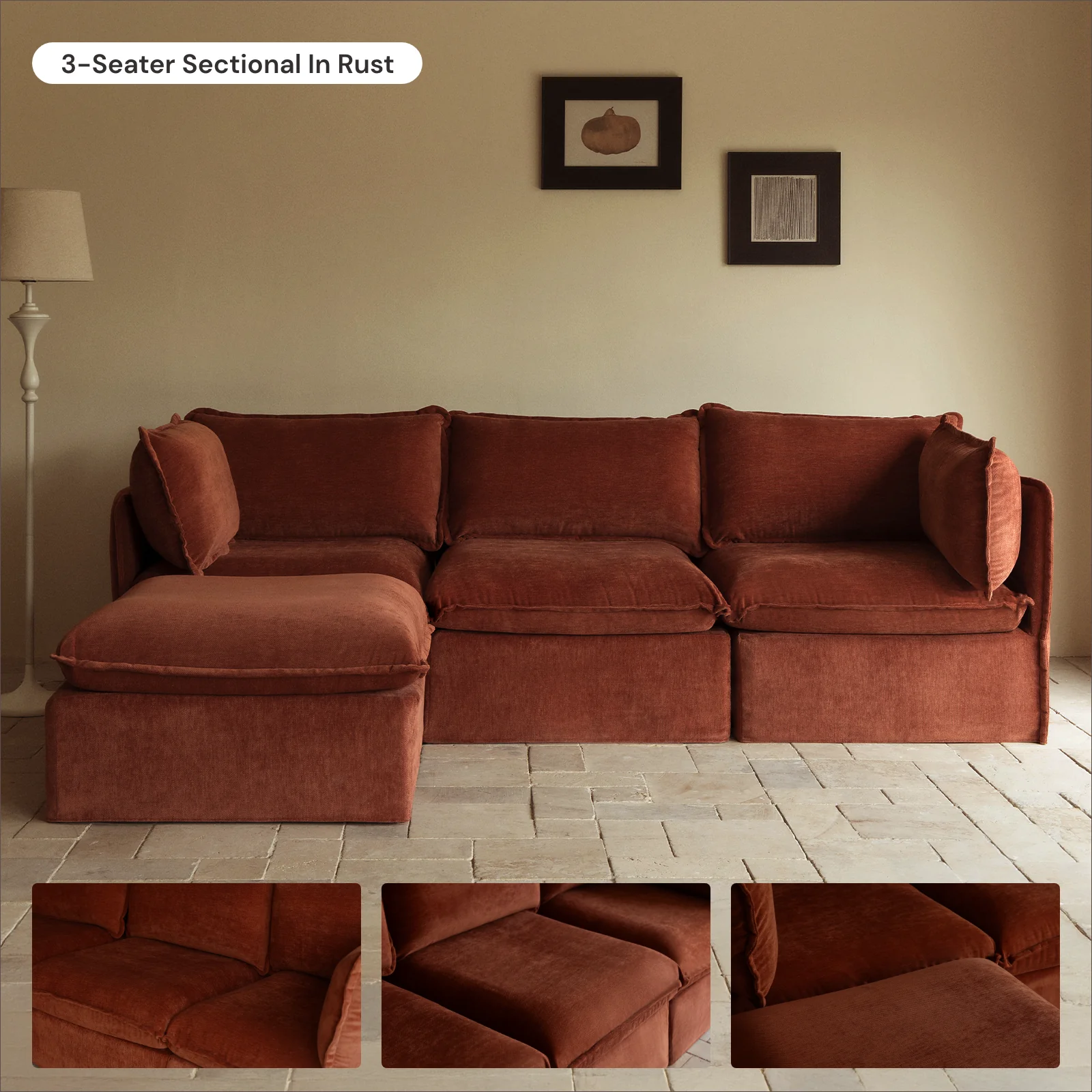 Modular Washable 9-Seater U-Sectional in Rust | Deluxe+ Seat | Cloud Pillow - Image 7