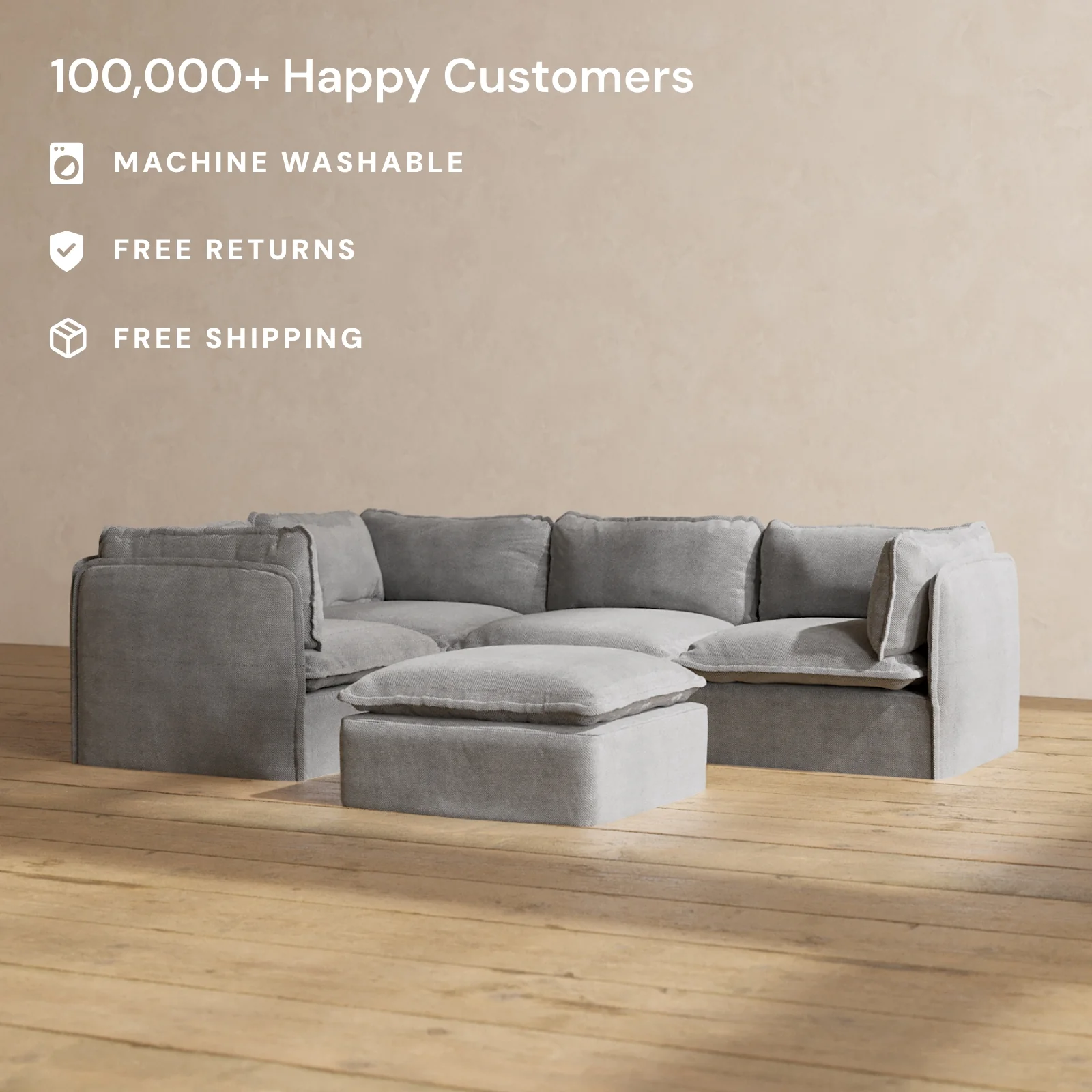 Slipcover Only - Modular Washable 4-Seater Corner Sectional + Ottoman in Ash - Image 2