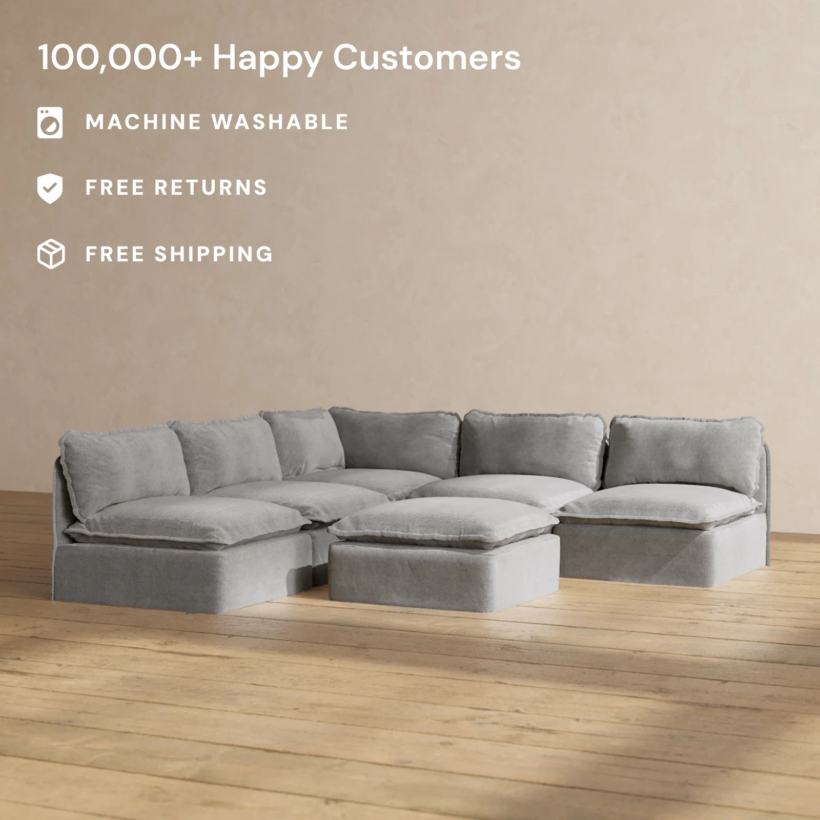 Slipcover Only - Modular Washable 5-Seater Open-Ends Corner Sectional + Ottoman in Ash - Image 2