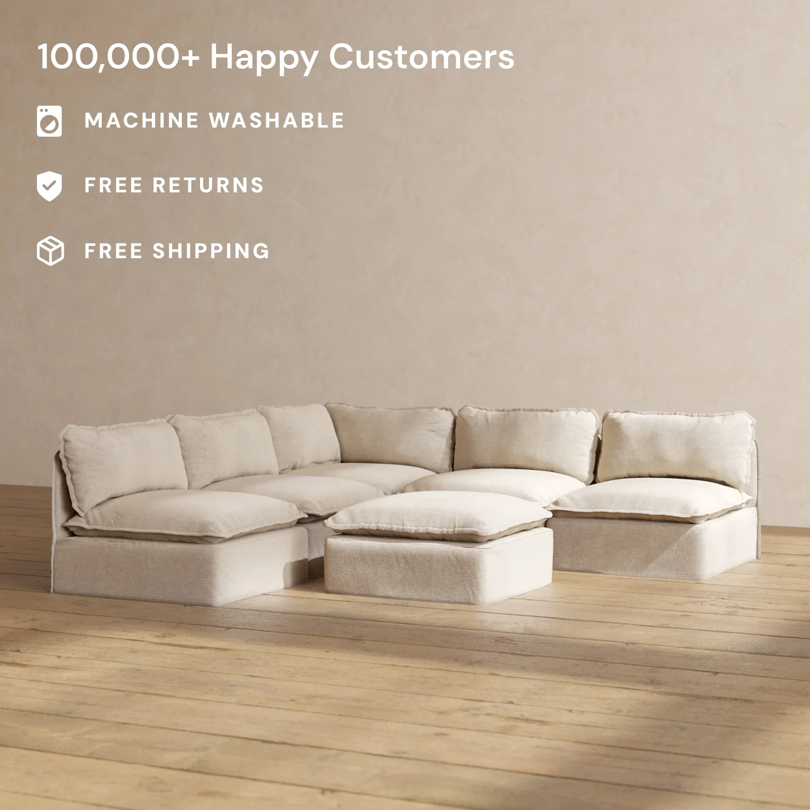 Slipcover Only - Modular Washable 5-Seater Open-Ends Corner Sectional + Ottoman in Oat - Image 2