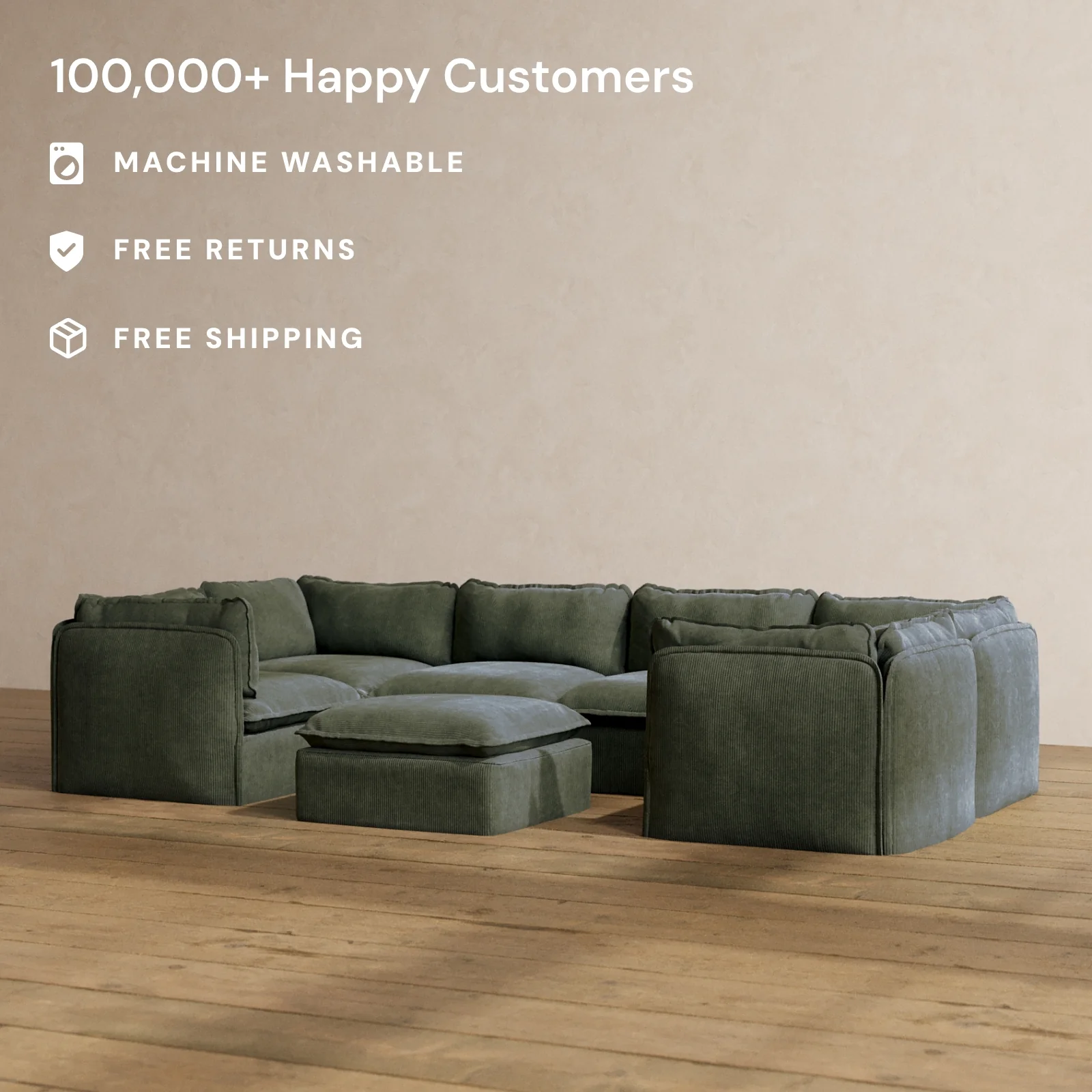 Slipcover Only - Modular Washable 6-Seater U-Sectional + Ottoman in Olivine - Image 2